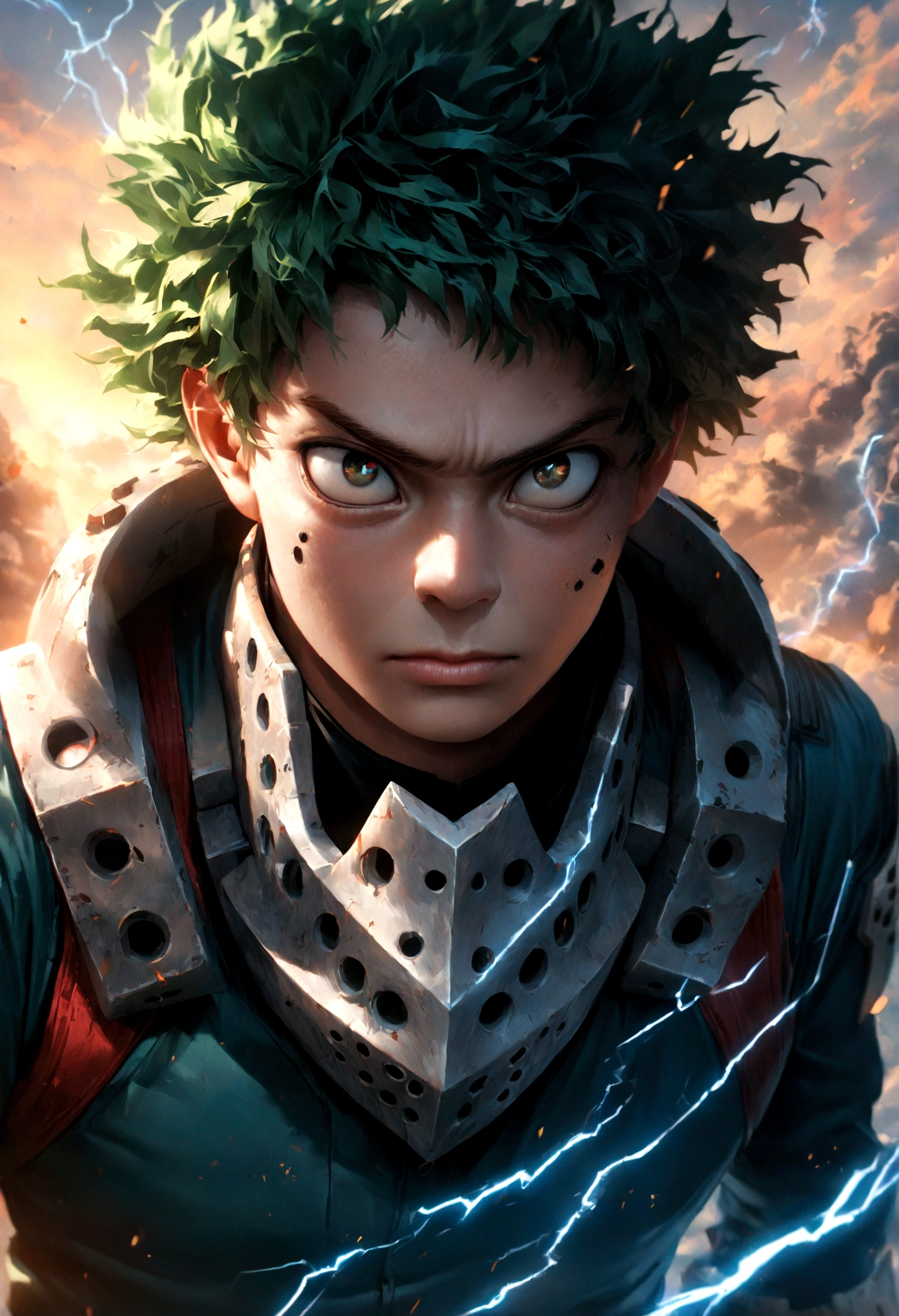 1boy, Midoriya Izuku from Boku no Hero Academia, detailed face and eyes, lightning electricity effects, serious expression, beautiful detailed face, masterpiece, ultra-detailed, photorealistic, cinematic lighting, dramatic colors, intricate details, hyperrealistic, digital art