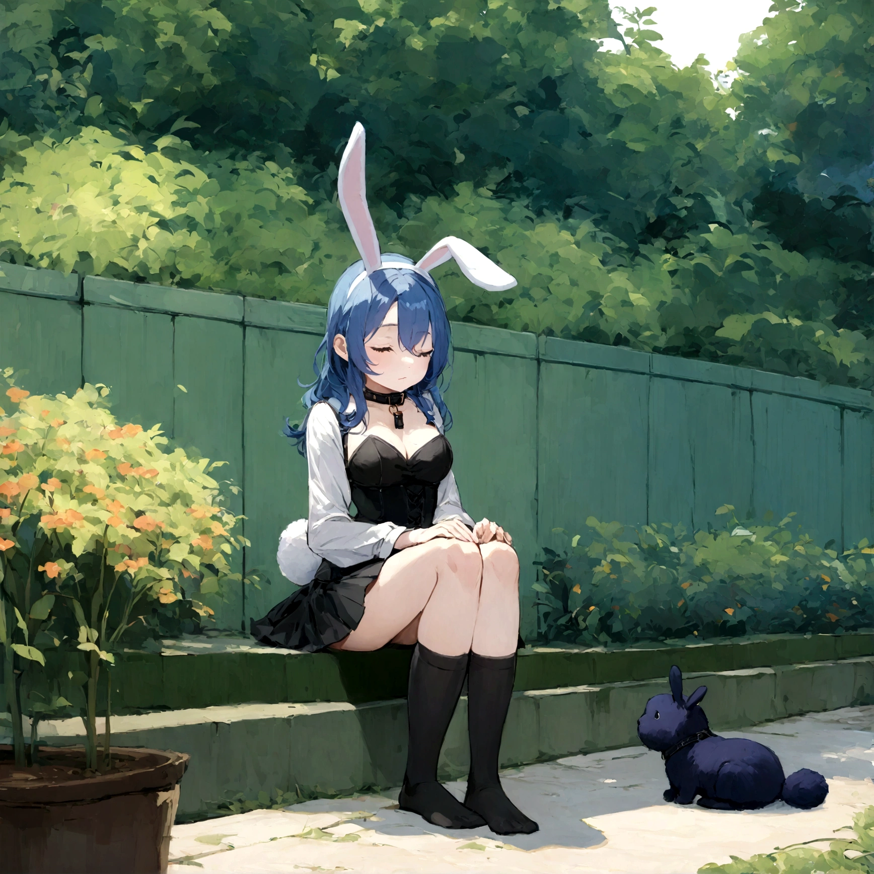 a sexy female with long blue hair, has big fuzzy bunny ears, has a bunny tail, wearing a black corset, wearing a black mini skirt, has a dark blue dog collar on, wearing cute thigh high socks, relaxing on knees, solo, alone, (SOLO)ALONE), no dogs, single girl, on knees, outside in a garden