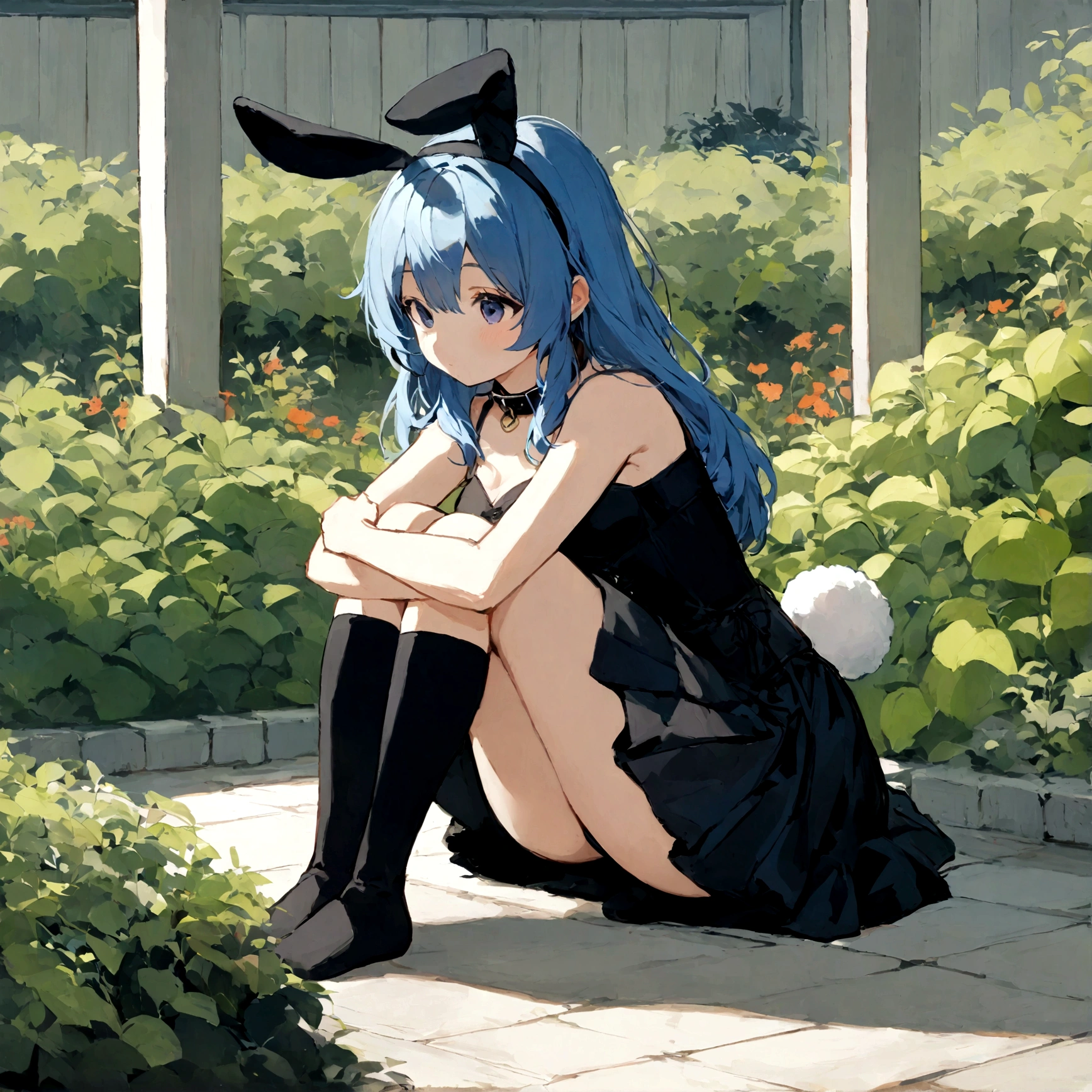 a sexy female with long blue hair, has big fuzzy bunny ears, has a bunny tail, wearing a black corset, wearing a black mini skirt, has a dark blue dog collar on, wearing cute thigh high socks, relaxing on knees, solo, alone, (SOLO)ALONE), no dogs, single girl, on knees, outside in a garden