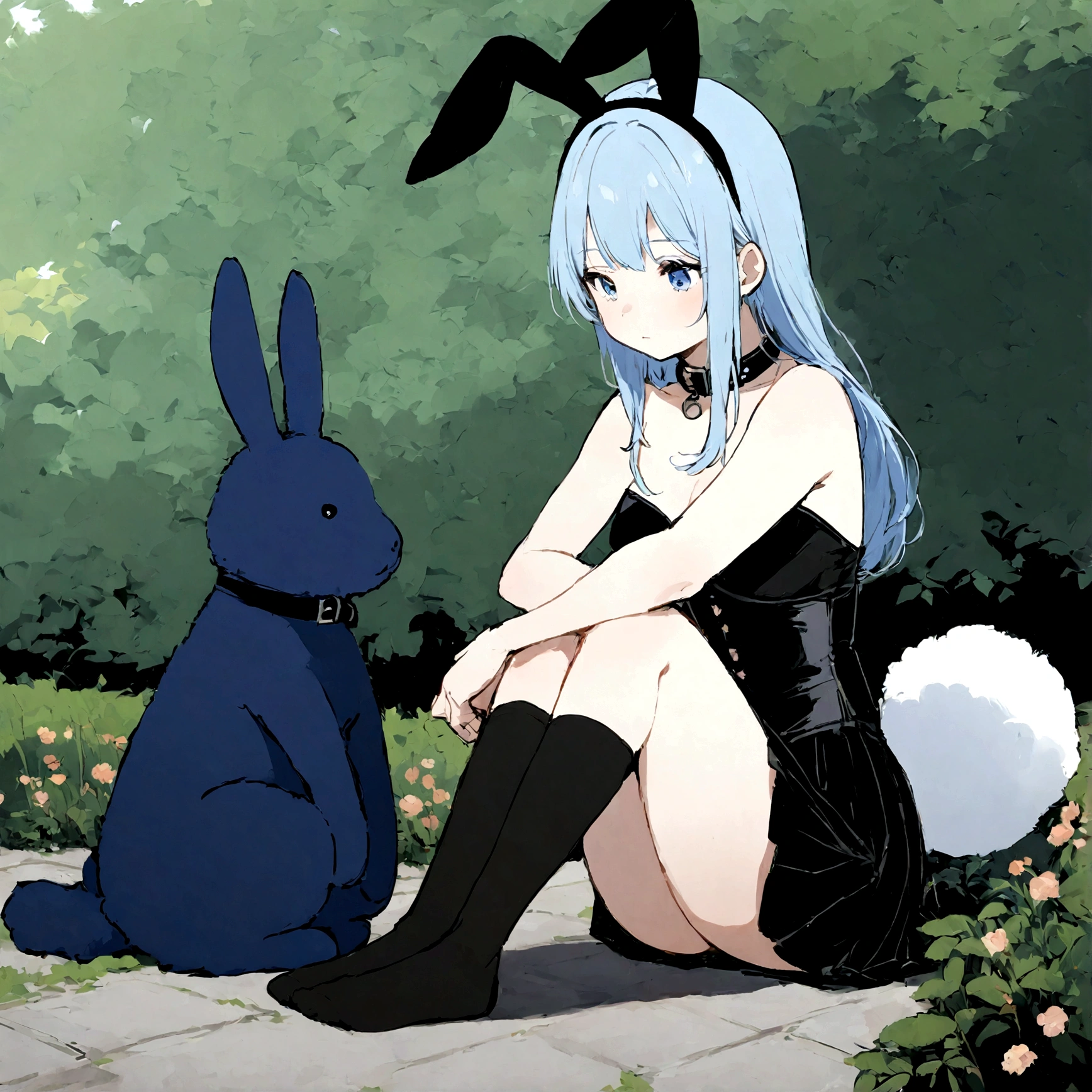 a sexy female with long blue hair, has big fuzzy bunny ears, has a bunny tail, wearing a black corset, wearing a black mini skirt, has a dark blue dog collar on, wearing cute thigh high socks, relaxing on knees, solo, alone, (SOLO)ALONE), no dogs, single girl, on knees, outside in a garden