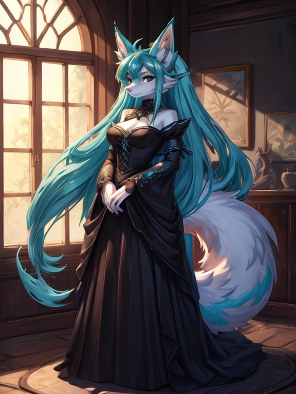Hatsume miku x suicune , kitsune ears, art by dark natasha, jardin zen, art by dark natasha, art by vixen aztra, cuerpo completo, platas hermosas, cintura delgado, caderas amplias, piernas torneadas, hermosa, fullbody picture, black top, black victorian dress