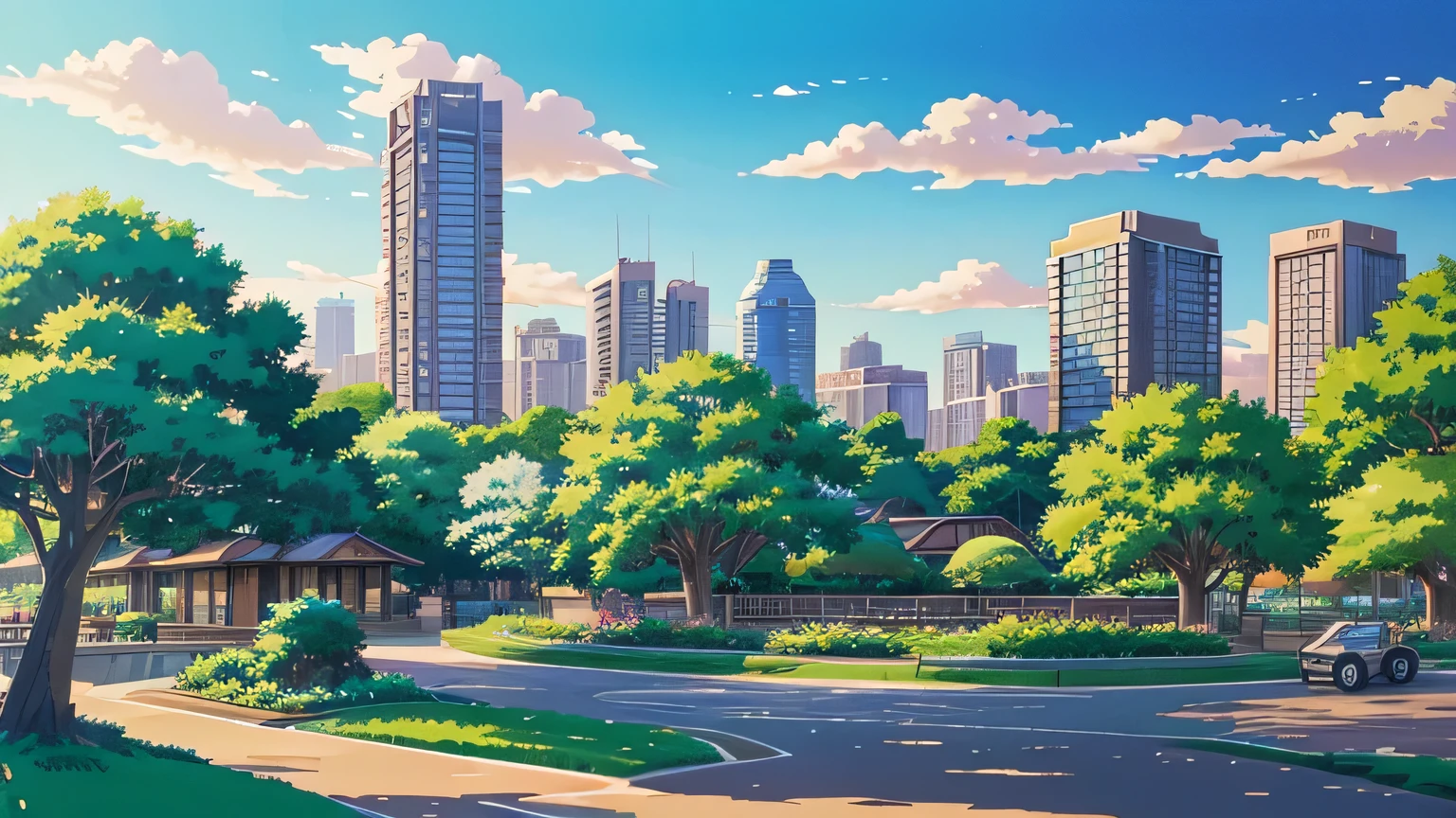 Highly detailed painting of a city park with rocks and lush vegetation, ultra modern houses in the background, Anime background art, Anime landscape, Highly detailed illustration, anime style cityscape, Makoto Shinkai's style, anime backgrounds, Anime landscapes, in the style of makoto shinkai, drawn in anime painter studio, beautiful anime scenery, Anime landscape concept art, Digital painting