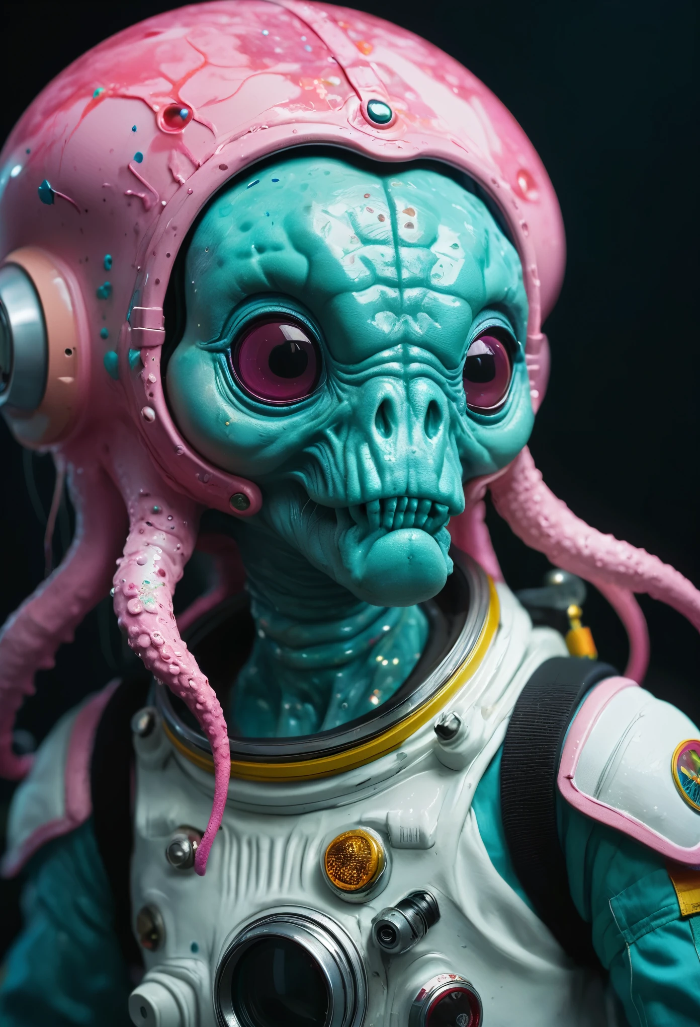 8K, ARTISTIC photogrAphy, best quAlity, mAsterpiece: 1.2), A (potrAit:1.2) Don Bluth Style  ASTRONAUT Cthulhu pink Toon Doll, full body RAW candid cinema, cyan hair, 16mm, color graded portra 400 film, remarkable color, ultra realistic, sad admosphere, dark lighting, oppressive atmosphere, depressive colors, kodak portra 400, photograph,r, Natural Light,  Pinhead lighgts, blur reflection, Brush Strokes, Smooth, abstract, Splatter, Oil On Canvas, rainbow colors, fractal isometrics details bioluminescens : a stunning realistic photograph of wet bone structure, 3d render, octane render, intricately detailed, titanium decorative headdress, cinematic, trending on artstation | Isometric | Centered