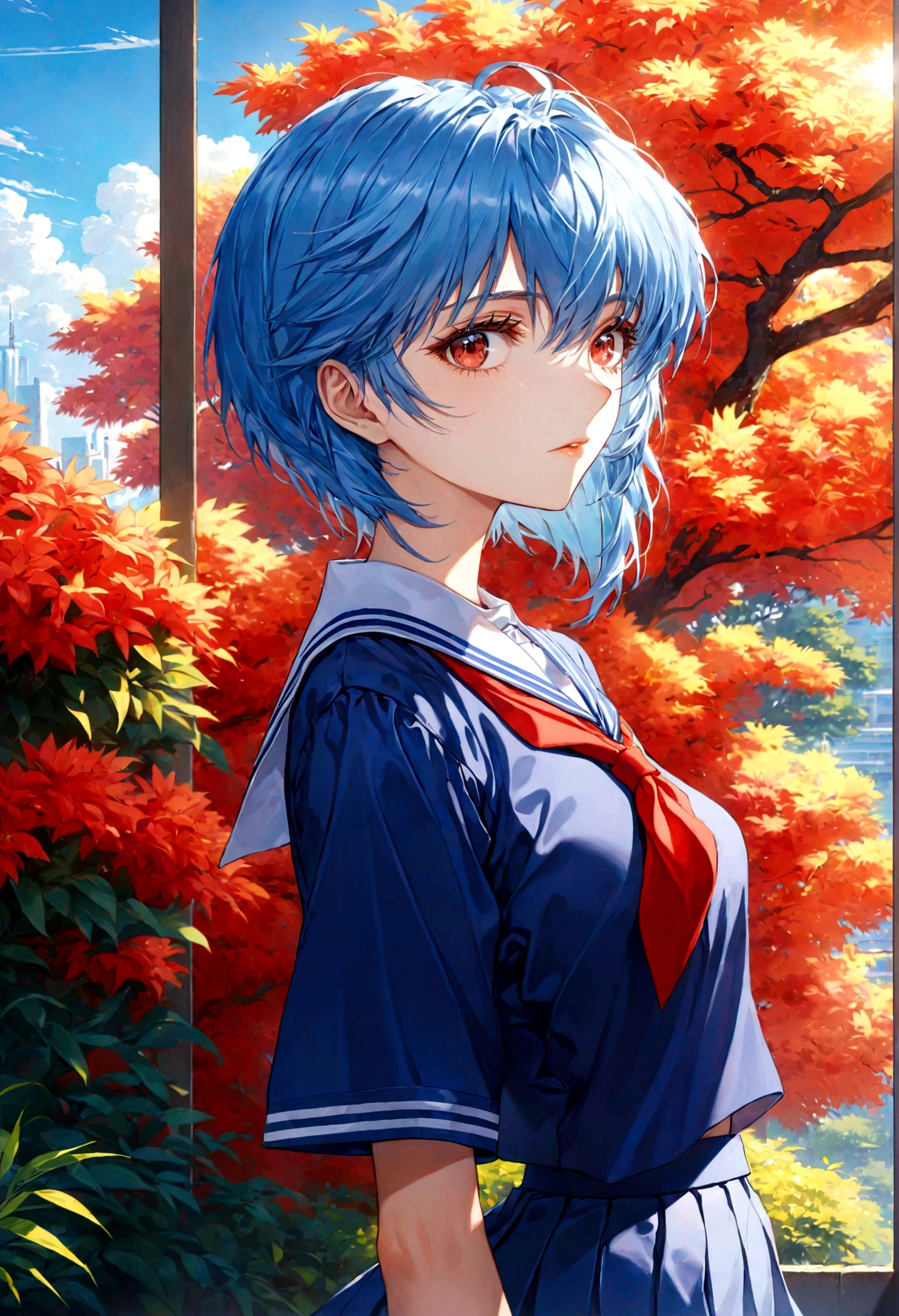 1girl, ayanami rei, neon genesis evangelion, a girl with blue hair and red eyes, anime style, 90s anime, school uniform, kawaii, detailed face, detailed eyes, detailed hair, beautiful detailed eyes, beautiful detailed lips, extremely detailed eyes and face, long eyelashes, dynamic pose, cinematic lighting, 8k, highly detailed, masterpiece, digital painting, vibrant colors, atmospheric, dramatic lighting, anime artwork, anime style, visual, vibrant, studio anime, highly detailed