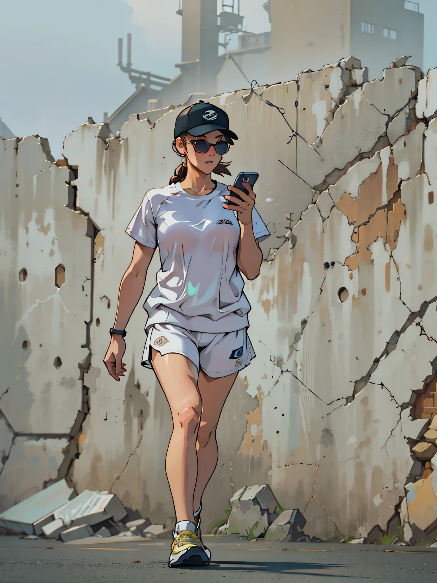 (extremely detailed CG unity 8k wallpaper), the most beautiful artwork in the world, a girl with running outfit, wearing hat, sunglass, holding handphone