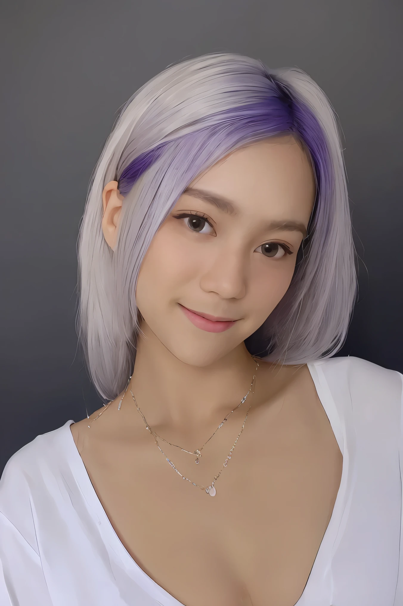 Masterpiece,1girl,solo, light smile, metal necklace, white shirt, modern , accessories, two-tone hair color in purple and black, unique hairstyle, stylish, black background