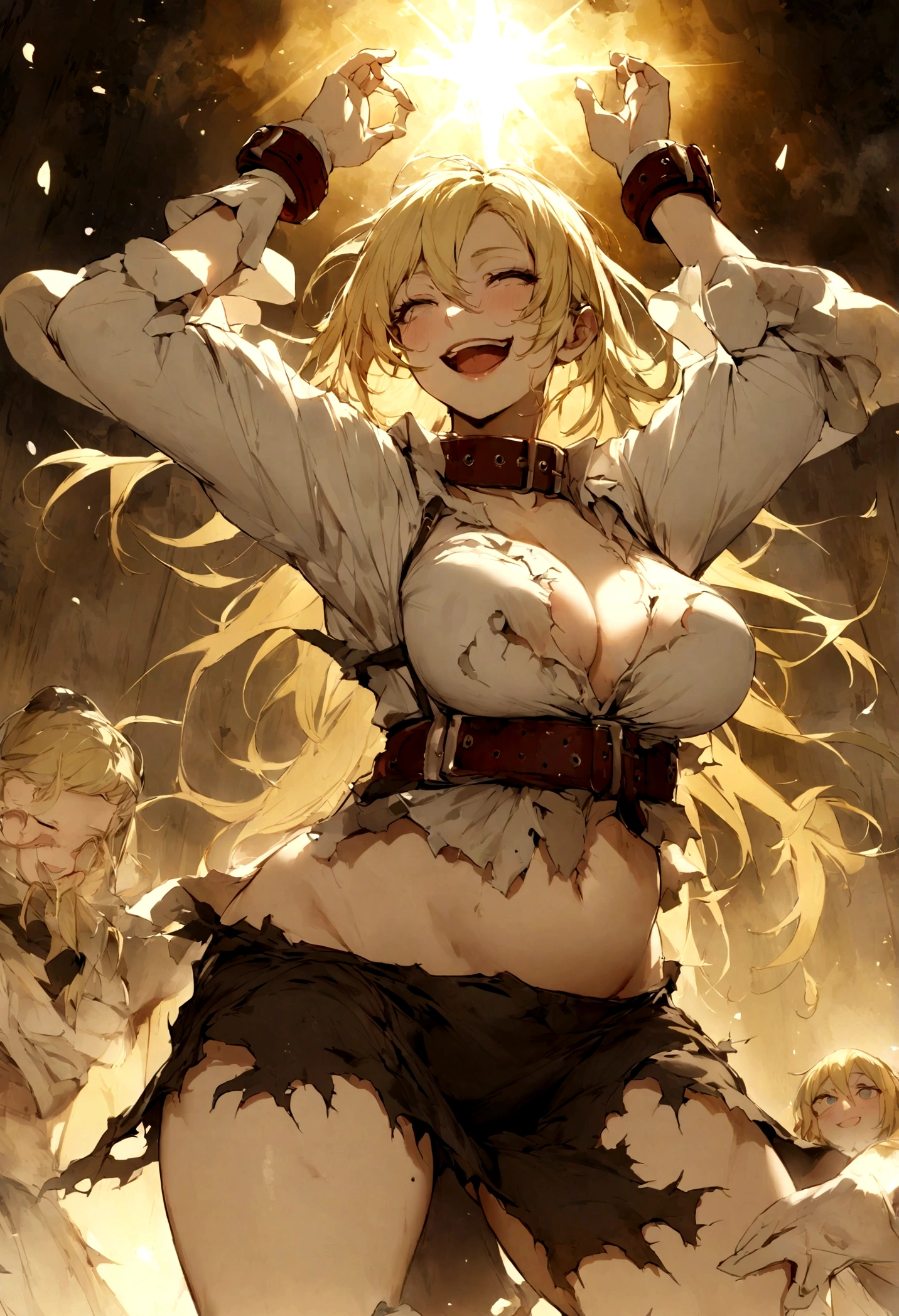 woman,slave, collar, happy smile,expecting eyes, no thougts, volumpious body, ragged clothes, short blonde hair, mouth open