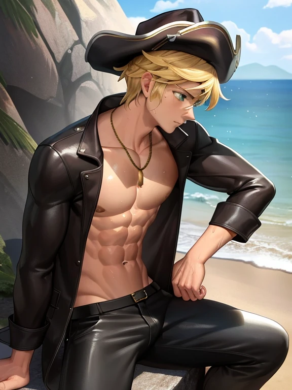 8k, RAW, Masterpiece, Best quality at best, Best Quality, high quality, high detailed, boy, 1boy,(blond hair) (green eyes,) oiled up, glistening, wet skin, wet hair, chiseled abs, chiseled pecs, pirate hat, Brown leather jacket, gold necklace, (masterpiece, 3D anime style, more detail, ultra detail), adult boy, sitting down on the beach, profile, full body,