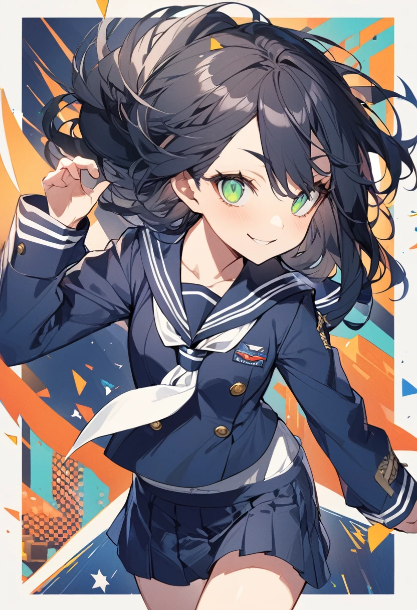 One Girl、Black Hair、Hairstyle、short、Green Eyes、Slanted Eyes、Navy blue sailor suit、Navy blue mini skirt、whole body、Are standing、A fearless smile