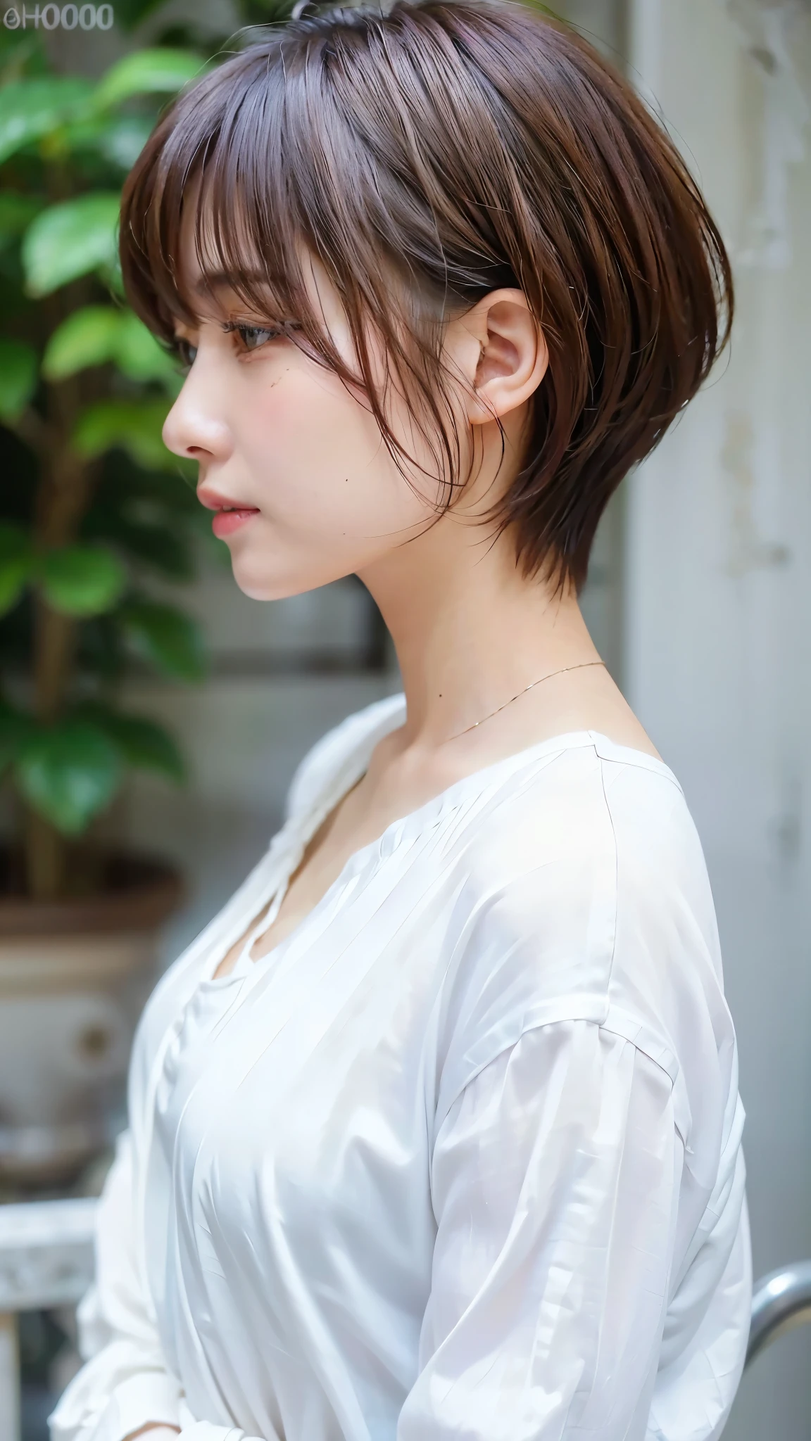Photo seen from the side,white clothes, (8K, Photorealistic, Raw photo, Best Quality: 1.4), Japanese, (1girl in), Beautiful face, (Realistic face), (Blown hair), Beautiful hairstyle, Realistic eyes, Beautiful detailed eyes, (Realistic skin), Beautiful skin, Attractive, A high resolution, A hyper-realistic, Highly detailed, Golden ratio