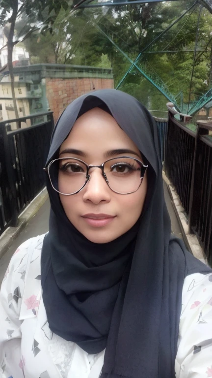 there is a woman wearing glasses and a scarf standing on a bridge, faridah malik, with glasses, spectacled, with accurate face, with square glasses, close up potrait, student, with glasses on, hijab, full protrait, inspired by JoWOnder, protrait, inspired by Bernardino Mei, inspired by Naza, selfie photo, inspired by Basuki Abdullah