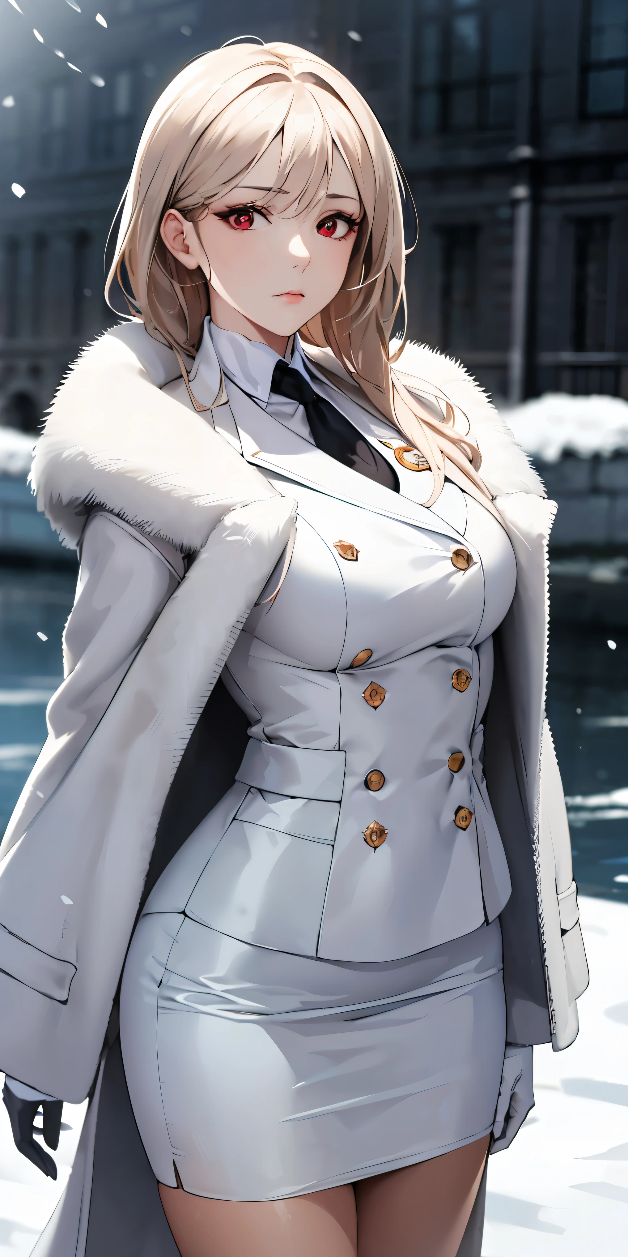 A majestic, realistic portrait! In the background, a White-Red-Black tricolor flag waves gently in the winter wind as the Kaiserliche Marine's navy port and multiple navy ship comes into view. A stunning solo female figure stands tall, her red eyes locked onto the viewer, making an eye contact with viewer. Perched on her shoulder is a regal white eagle. The subject's beauty is undeniable, with long, flowing white hair cascading down her back and shoulders. Her porcelain-like skin glows under the subtle illumination, showcasing natural texture and tone. A perfect face, accentuated by high cheekbones and a sharp jawline, frames a solemn expression. She wears a stunning ensemble, which is unified in pure white like snow: white elbow gloves, a fur-trimmed long coat with buttons, a crisp white military hat, a dashing white blazer with several badges and white tie, and a flowing white pencil skirt that falls just above her knees. All of these highlights her mature, perfect, anatomically correct body. All of these are rendered in sharp focus. The overall atmosphere is one of serenity, elegance, and refined beauty, as if time itself has slowed to savor this exquisite moment. (lightroom:1.13), soft light, (natural skin texture:1.2), sharp focus, focused, (lightroom:1.13), soft light, (natural skin texture:1.2), (hyperrealism:1.2), sharp focus, focused,[[realistic]]