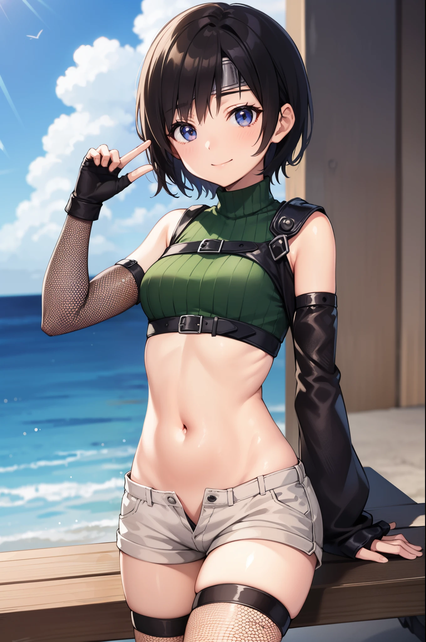 yuffiekisaragi, Yuffie Kisaragi,Haircuts, pixie cut,
壊す crop top, fingerless gloves, fishnet Thighhighs, fishnet, forehead protector, gloves, head band, belly button, short shorts, shorts, single sleeve, single thigh high, No sleeve, No sleeve turtleneck, Thighhighs, turtleneck,
bench、blue sky、smile, solo