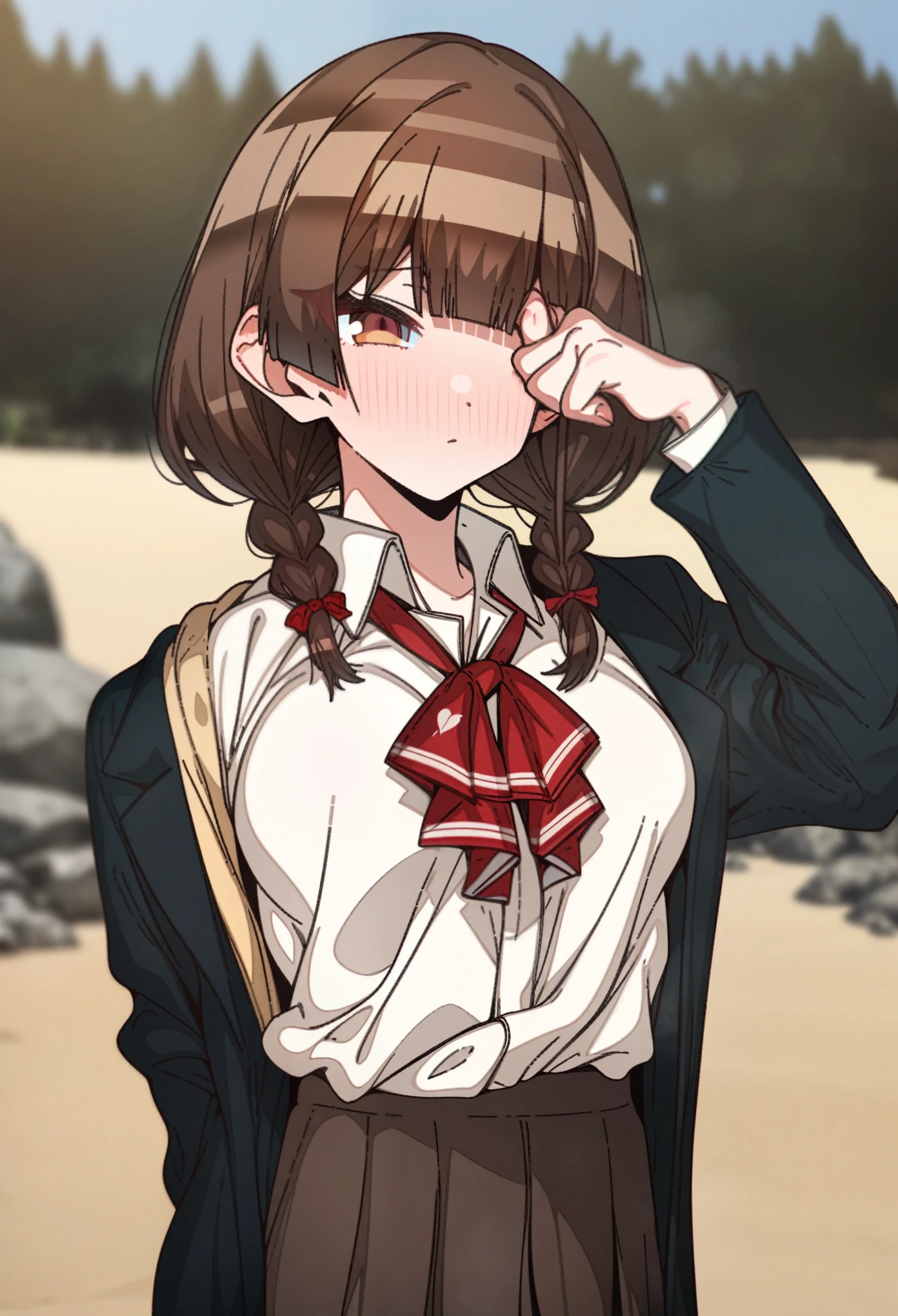 houshou_marine with brown eyes and brown hair, Artist, erere, Copyrights, idolmaster, idolmaster_shiny_colors, Character, General, 1girl, brown_hair, blunt_bangs, blush, medium_breasts, breasts, detailed eyelashes, beatiful girl:1, brown_eyes, censored, school_uniform, skirt, black pleated skirt:0.7, black blazer:0.5, white shirt, red tie, twin_braids, :|:0.5, (full_body) (standing in middle, beach, rocks), sky:0.7, half-closed_eyes, detailed, sand, outdoors, looking_at_viewer, masterpiece, best_quality, great_quality, girl, solo, center_composition, centered character, cute, rubbing_eyes, sleepy