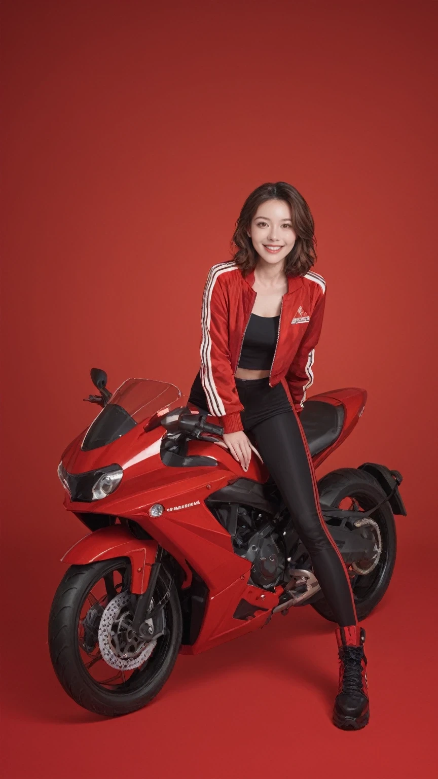 score_9, score_8_up, score_7_up, BREAK,
full body, Hyperrealism,1girl, solo,underwaterbrown hair, brown eyes, parted lips, long sleeves, jacket, simple background, red background, looking at viewer, teeth, red jacket, lips, cosplay, smile,motorbike