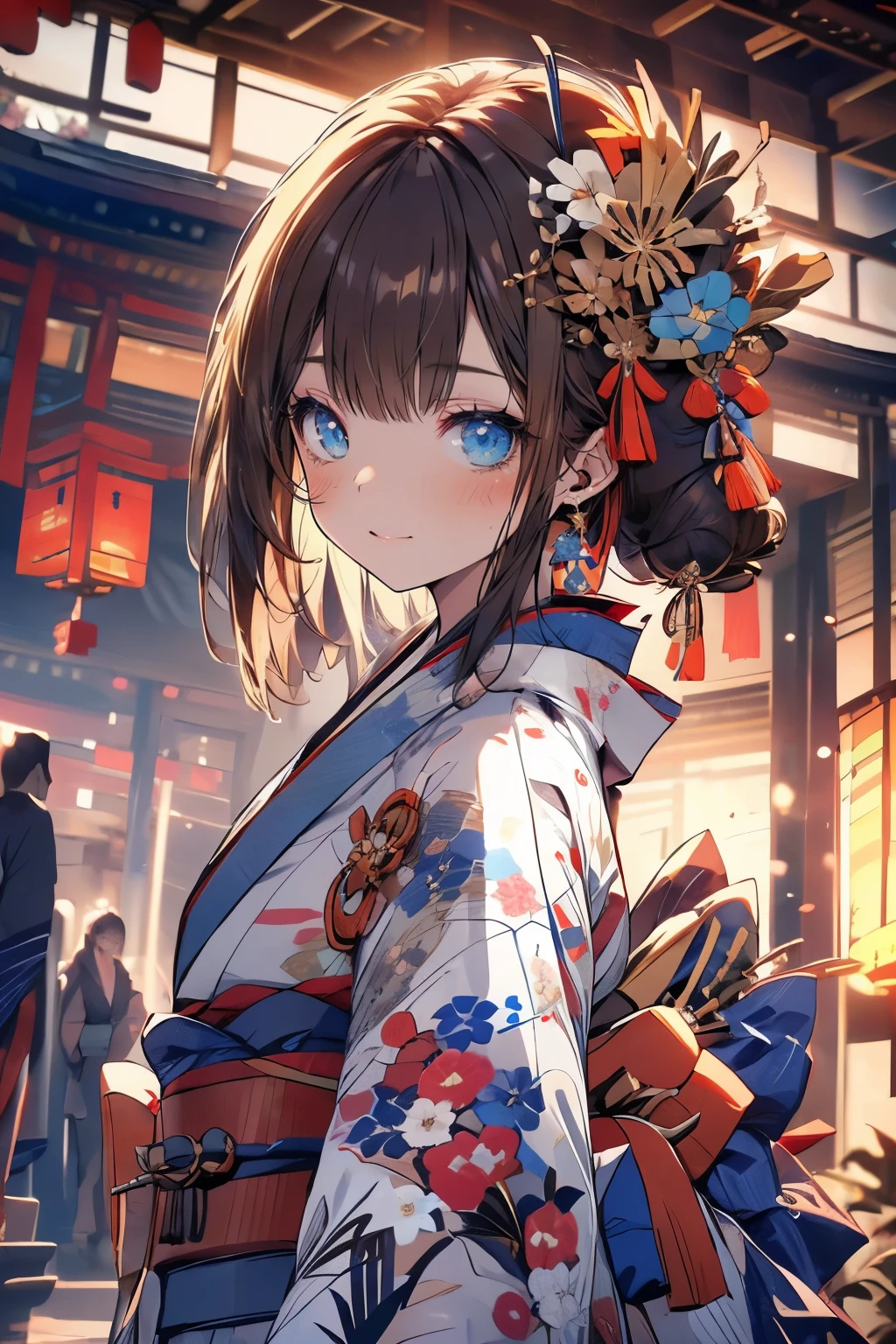 (muste piece), (best quality), very detailed, 1 girl, solo focus，perfect face, cute face, very detailedな顔，(brown hair:1.3)，(blue eyes:1.3)，Light，smile，New Year，(kimono:1.4)，shrine