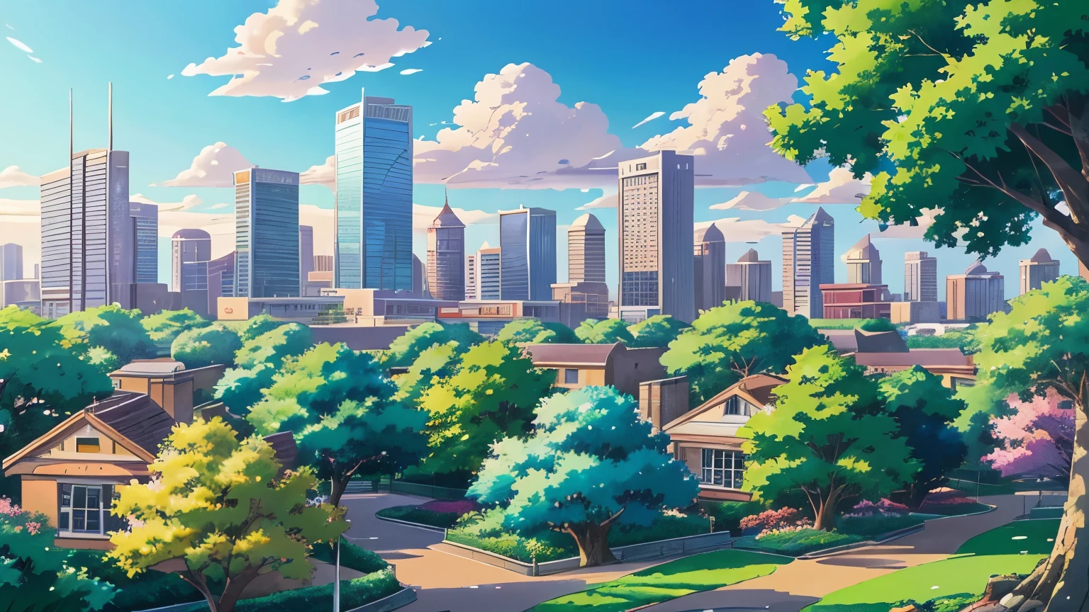 Highly detailed painting of a city park with rocks and lush vegetation, ultra modern houses in the background, Anime background art, Anime landscape, Highly detailed illustration, anime style cityscape, Makoto Shinkai's style, anime backgrounds, Anime landscapes, in the style of makoto shinkai, drawn in anime painter studio, beautiful anime scenery, Anime landscape concept art, Digital painting