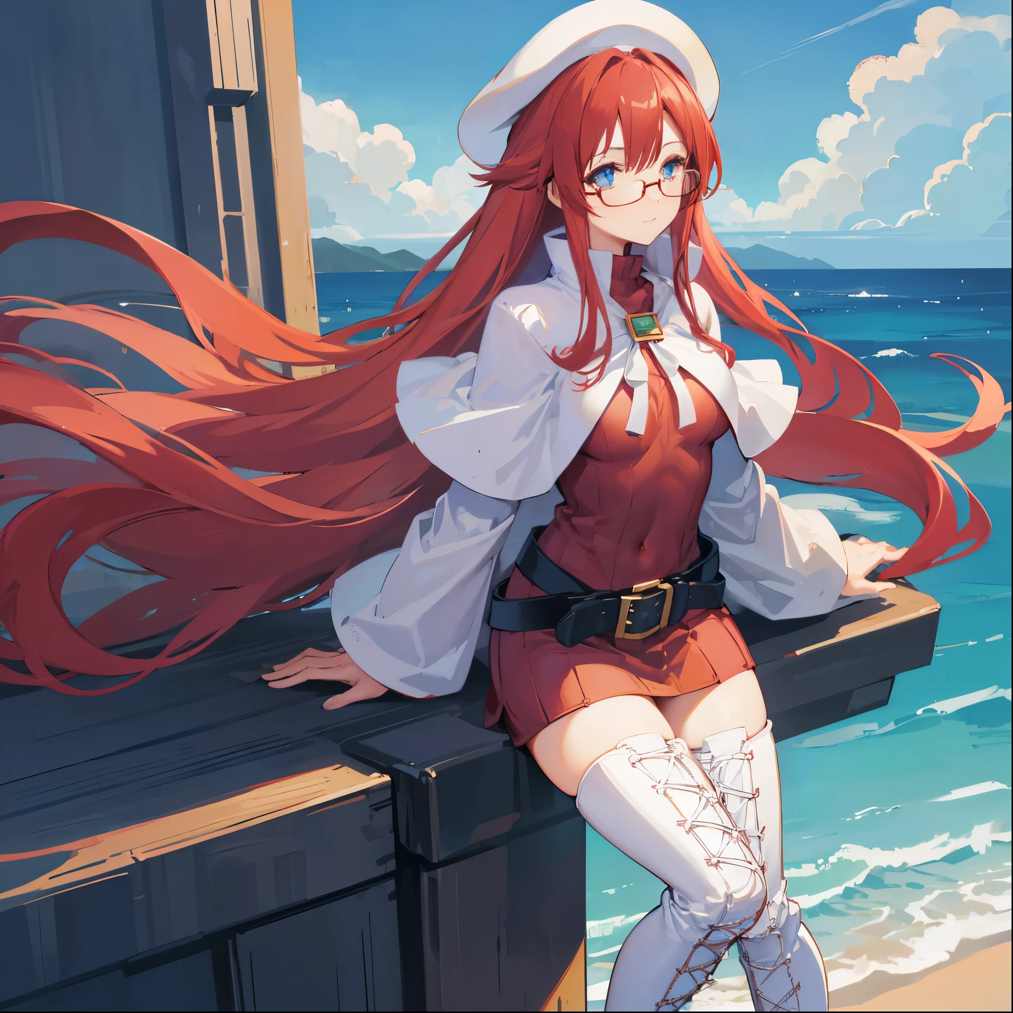 summonnightaty, aty, (young:1.3),long hair, blue eyes, red hair, big_berets, hat, glasses,
BREAK long hair, thighhighs, hat, dress, naked_legs, glasses, belt, cape, sweater, zettai ryouiki, beret, thigh boots, white footwear, ribbed sweater, loose belt,solo,
BREAK outdoors, fantasy,on_beach,
,Highquality_hads,perfect_fingers,
BREAK (masterpiece:1.2), best quality, high resolution, unity 8k wallpaper, (illustration:0.8), (beautiful detailed eyes:1.6), extremely detailed face, perfect lighting, extremely detailed CG, (perfect hands, perfect anatomy),covered_nipples,covered_navel ,half_eyes,long_sword,sleepy,standing,red_sweater,apart_knees,magical_effect,spread_legs, have_a_book,teacher,rise_knee,Smile,rise_hand,look_down_viewer,spread_arms,sea_waves,looking_into,blue_sky,sitting,plump,