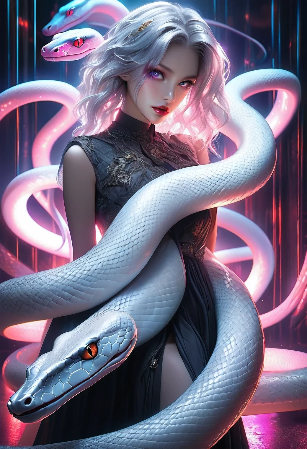 white snake, an artificial lifeform female monster, hyper realistic, highly detailed, cinematic lighting, dark fantasy, 1girl, beautiful detailed eyes, beautiful detailed lips, extremely detailed face, long eyelashes, sharp claws, glowing eyes, intricate snake details, neon lights, moody atmosphere, dramatic shadows, vibrant colors, cinematic composition, full-body, 