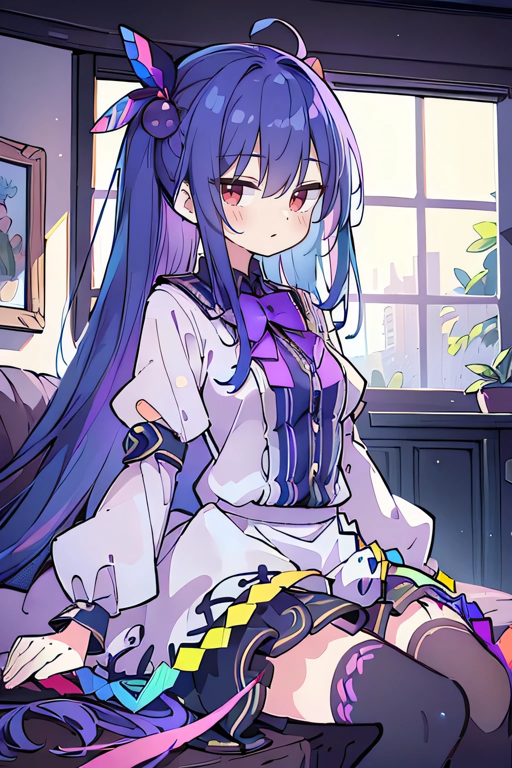 (best quality:1.3), (masterpiece:1.3), (illustration:1.3), (ultra-detailed:1.3), (imid shot:0.9), 1girl, medium breasts, purple eyes, (((dark blue hair))), hair ornaments, young, outfit-gladiia, long hair, dark blue hair, indoors, black shorts, thigh-highs, low ponytail, expressionless, upper body, close up, coat, skirt,