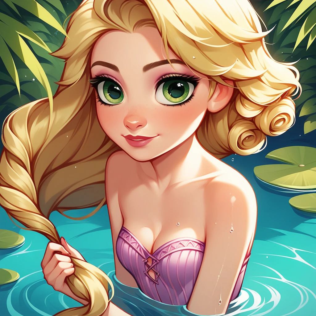 score_9, score_8up, Rapunzel, female, blonde hair, two curly top hair knot buns with two curly hair strands on the side, strapless bathing suit, small breasts, green eyes, solo, cleavage