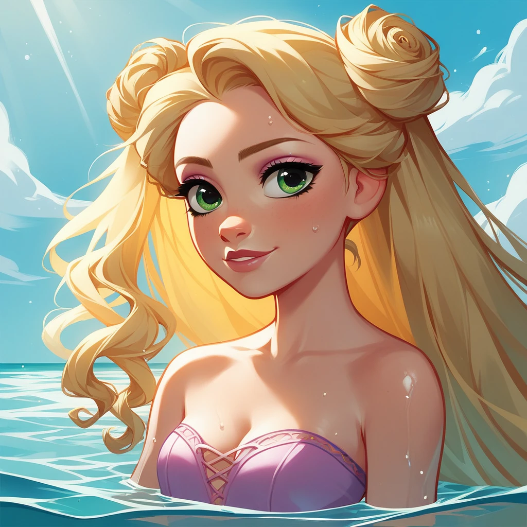 score_9, score_8up, Rapunzel, female, blonde hair, two curly top hair knot buns with two curly hair strands on the side, strapless bathing suit, small breasts, green eyes, solo, cleavage