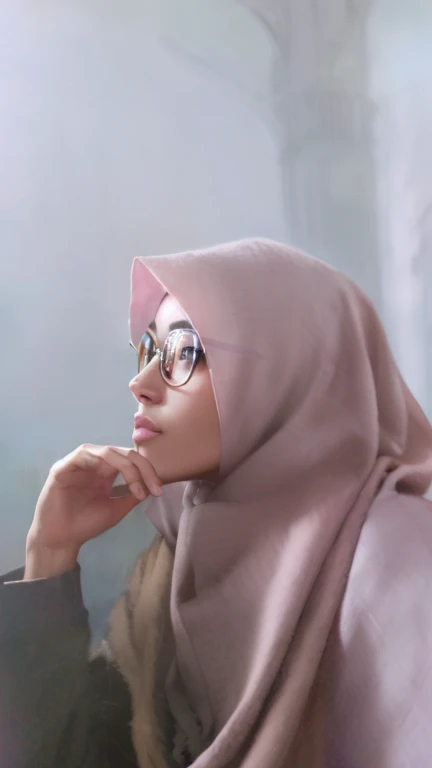 there is a woman wearing glasses and a scarf standing on a bridge, faridah malik, with glasses, spectacled, with accurate face, with square glasses, close up potrait, student, with glasses on, hijab, full protrait, inspired by JoWOnder, protrait, inspired by Bernardino Mei, inspired by Naza, selfie photo, inspired by Basuki Abdullah