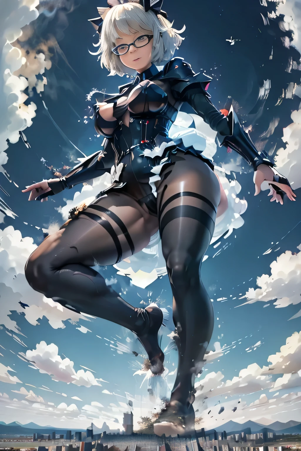 giantess art, highly detailed giantess shots, giantess, Two legs, Five fingers, short hair, A beautiful girl who is bigger than a skyscraper, Wearing rimless glasses, smile, Big Breasts, In underwear, Black Pantyhose, black pantyhose, no shoes on, toes visible through pantyhose, Steam coming out from the soles of my feet, Destroying cities, A very small big city, Miniature metropolis, Full body description, GTS, giga giantess, stomping city, crash city, tiny city, micro city, pantyhose feet, High resolution, highest quality, masterpiece, Maid, maid, transparent bodystocking,