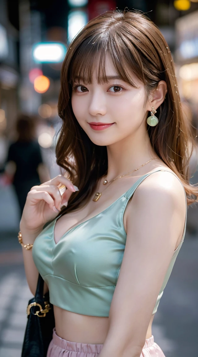 (highest quality, masterpiece:1.3, ultra high resolution), (Super detailed, caustics, 8k), (photorealistic:1.4, RAW shooting), 1 girl, (look at the camera with a smile), 20-year-old, cute, Japanese, (long bronde hair), (hair tied), Natural lips, (wearing a pink satin crop top dress with an added jacket and hot pants, carrying a sage green bag, wearing a thin bra), (wearing ÉTOILE FILANTE earrings by chanel), (wearing coco crush necklace by chanel), perfect necklace, (perfect earrings), cleavage, (Street in Tokyo at night), bust up shot, face focus, Natural light, Backlight, (A bright light shines from above), (Lens flare), professional writing, perfect bodies, perfect arms, Perfect fingers, perfect legs, perfect hair, pores, Realistic skin texture, perfect teeth, (low position), (Low - Angle), full body