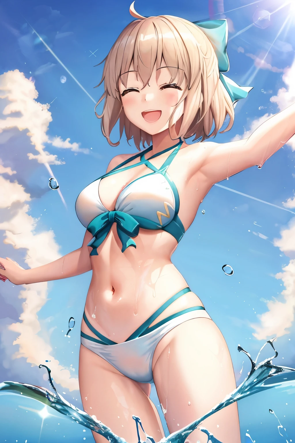 masterpiece, best quality,extremely detailed CG unity 8k wallpaper,
1girl,okita souji \(fate\), swimsuit,bikini,
 smile,open_mouth,dynamic_jumping,sunlight,splash_of_water,happy,closed_eyes,selfie