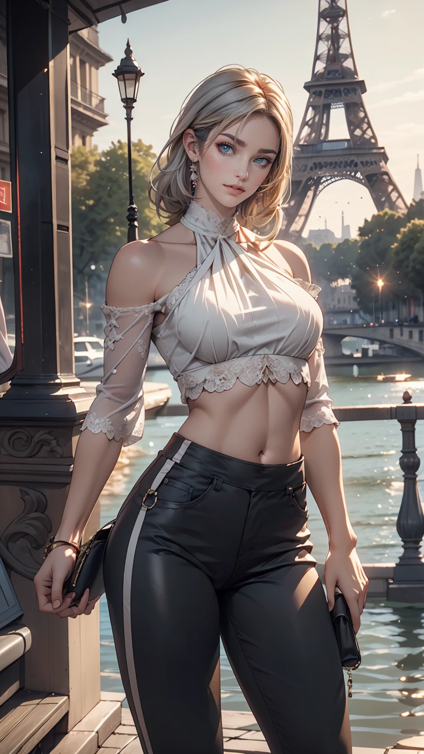 24 year old Caucasian female、Silver Hair、Outstanding proportions、High neck/Halter neck((high neck halter neck))Wear tops、No sleeve、I can see my belly button、Wear low rise pants with leggings、You can see the Eiffel Tower、Paris city center、smile、View of the Seine from the bridge