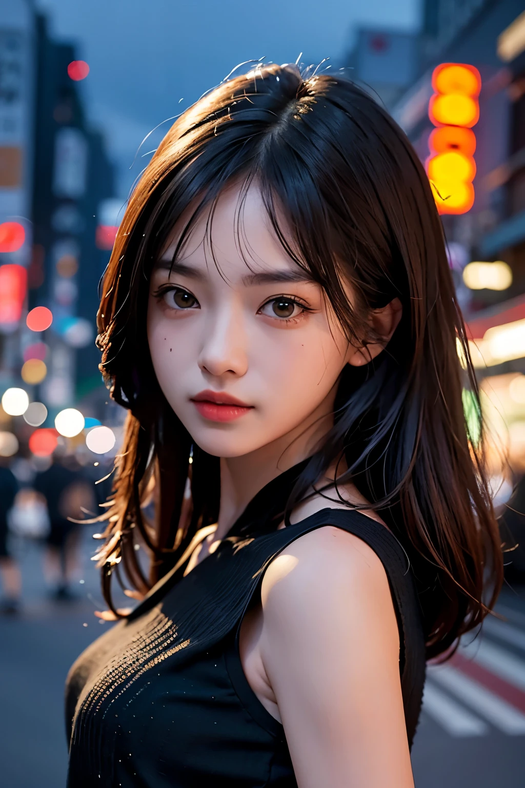 1girl, Tokyo street,night, cityscape,city lights, upper body,close-up, 8k, RAW photo, best quality, masterpiece,realistic, photo-realistic,