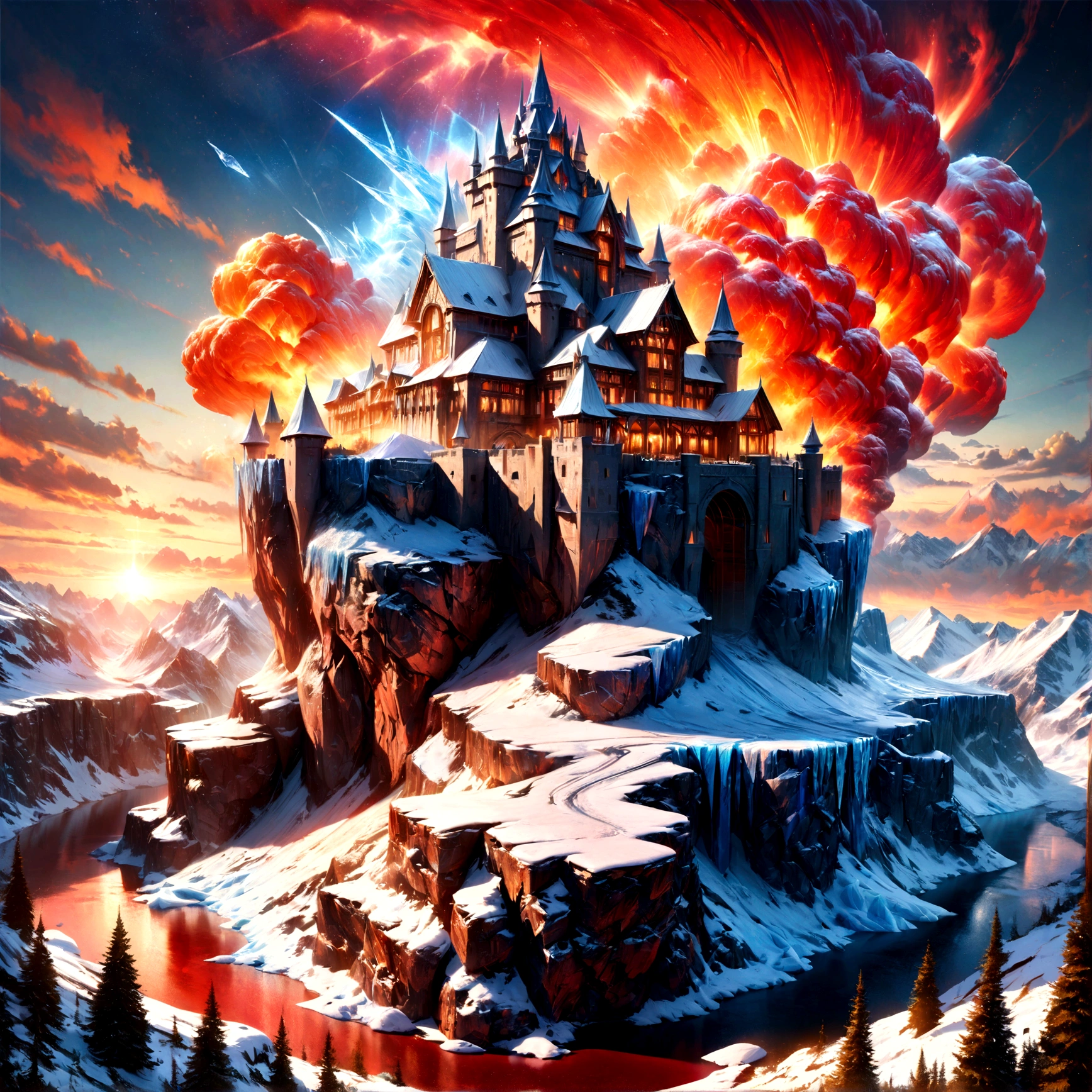 a panoramic award winning photography, Photorealistic, extremely detailed of a ((castle: 1.5)) made from (ice: 1.3), standing on the peak of a snowy mountain, an impressive best detailed castle made from ice (Photorealistic, extremely detailed), with towers, bridges, a moat filled with lava (Photorealistic, extremely detailed),  standing on top of a snowy mountain (masterpiece, extremely detailed, best quality), with pine trees, sunset light, some clouds in the air,  alpine mountain range background, best realistic, best details, best quality, 16k, [ultra detailed], masterpiece, best quality, (extremely detailed), ultra wide shot, photorealism, depth of field, faize, raging nebula