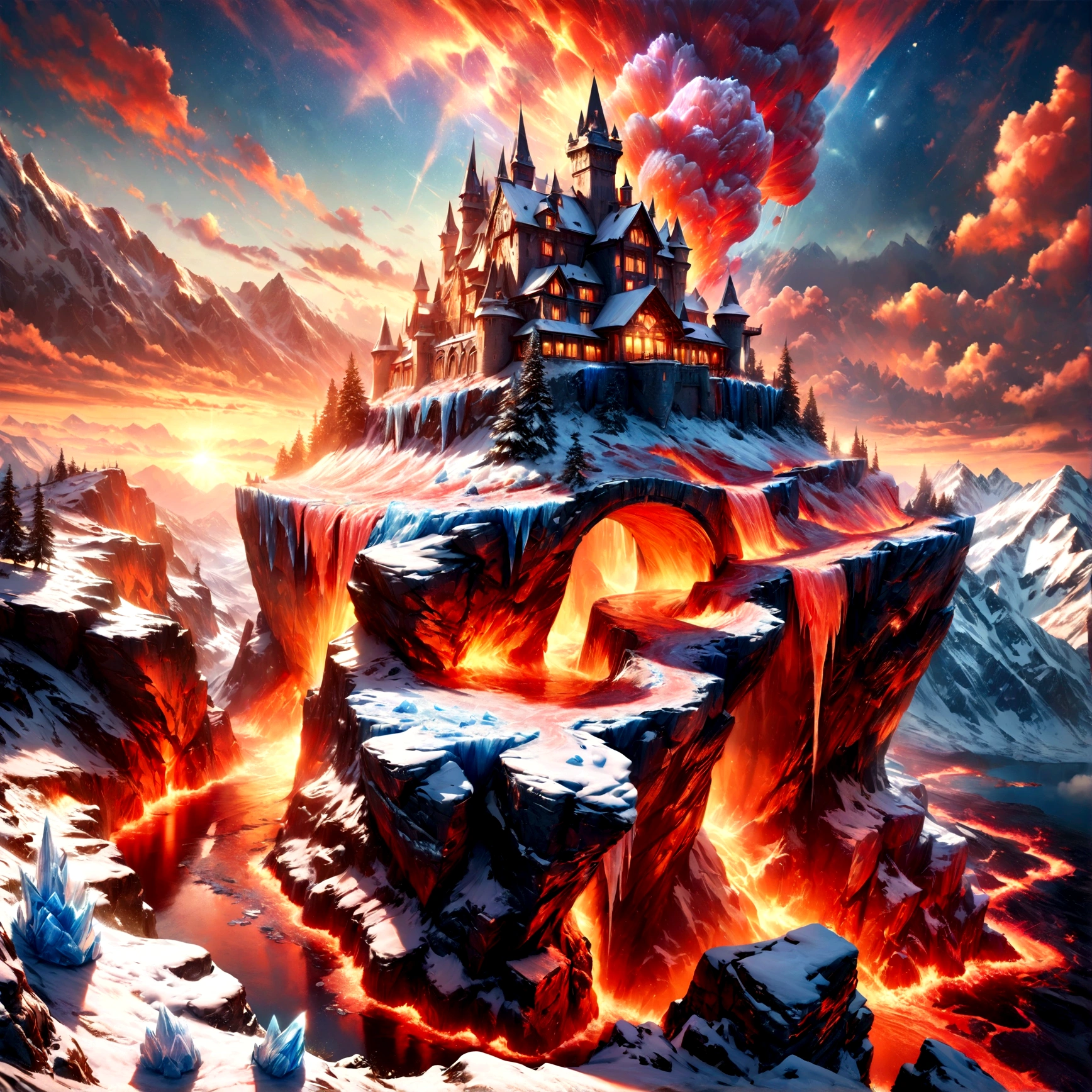 a panoramic award winning photography, Photorealistic, extremely detailed of a ((castle: 1.5)) made from (ice: 1.3), standing on the peak of a snowy mountain, an impressive best detailed castle made from ice (Photorealistic, extremely detailed), with towers, bridges, a moat filled with lava (Photorealistic, extremely detailed),  standing on top of a snowy mountain (masterpiece, extremely detailed, best quality), with pine trees, sunset light, some clouds in the air,  alpine mountain range background, best realistic, best details, best quality, 16k, [ultra detailed], masterpiece, best quality, (extremely detailed), ultra wide shot, photorealism, depth of field, faize, raging nebula