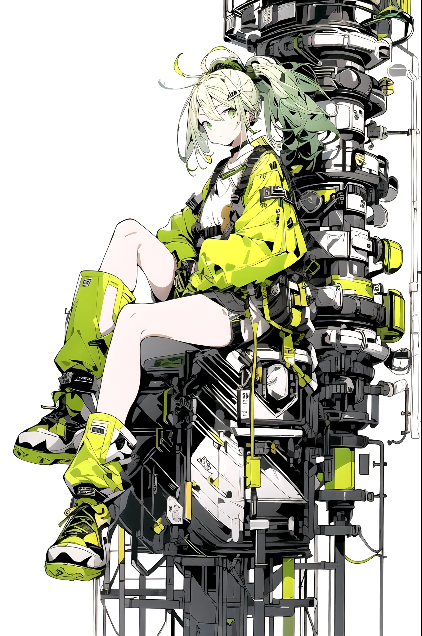 ((Full body shot)), ((No background)), ((White background)), line art, illustration, masterpiece, ultra detailed, high resolution, high quality, industrial, engineer,1girl, solo, green eyes, facing viewer, closed mouth, very long yellow hair in a ponytail, sitting down, wearing a yellow shirt, short black denim shorts, yellow and black boots