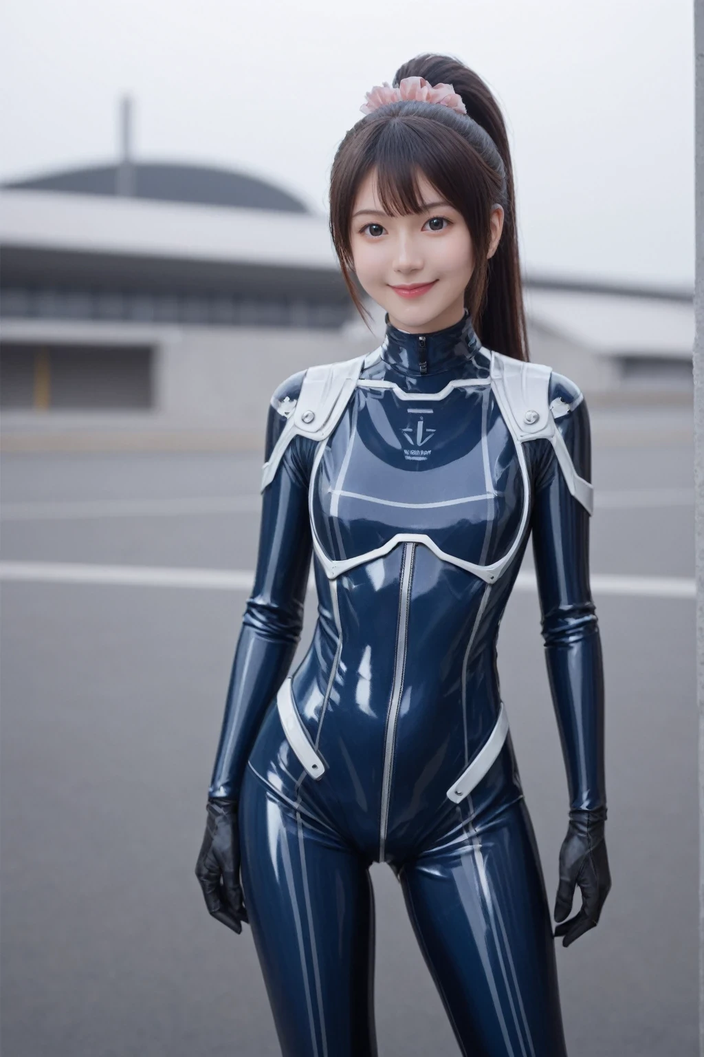 score_9, score_8_up, score_7_up, BREAK,
1girl, solo, anime style, yui, long hair, bangs, black hair, hair ornament, very long hair, high ponytail, flower, hair flower, black eyes, fortified suit, bodysuit, mecha musume, cowboy shot, smile, closed mouth, standing, hands on own hips, 4k, yui (sao), Sao, sword_art_online, hair scrunchie, pink scrunchie, flat chest, fortified suit, japanese bodysuit, pilot suit, armored bodysuit, impossible clothes, impossible bodysuit, headgear, interface headset, chin protector, The suit's chin guard is notably absent in Alternative's anime adaptation,masterpiece, best quality, ultra-detailed, highly detailed illustration, fortified suit, ((shiny clothes)), ((blue :1.3) plugsuit), ((black :1.3) armored), glossy, science fiction, looking at viewer, smile, closed mouth, standing, outdoors, fortified suit, yui is child wear a cosplay
