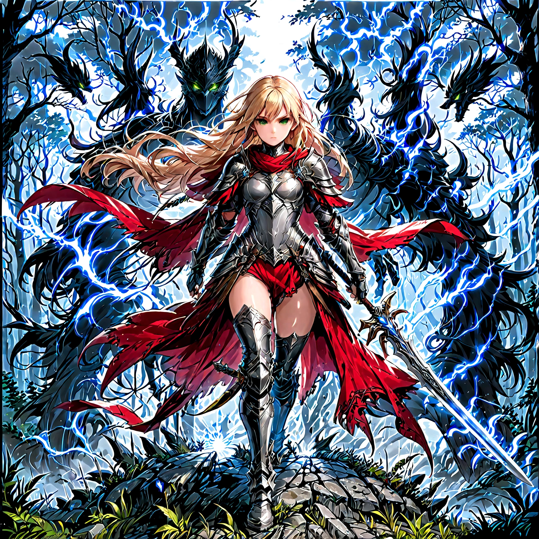 fantasy art, RPG art, Dark fantasy art, ultra wide shot, RAW, photorealistic, a picture of (1single: 1.5) female human ranger, the ranger, an exquisite beautiful human woman, long blond hair, braided hair, green eyes, wearing leather armor, wearing (red cloak: 1.1), armed with a (sword: 1.3), wearing laced boots, standing in a dark forest at night, (mist rising from the grounds: 1.3), a sense of dread and fear, yet she stands defiant and fearless, dark fantasy forest background, best quality, 16k, [ultra detailed], masterpiece, best quality, (ultra detailed), full body, ultra wide shot, photorealism, Sword and shield, dark novel