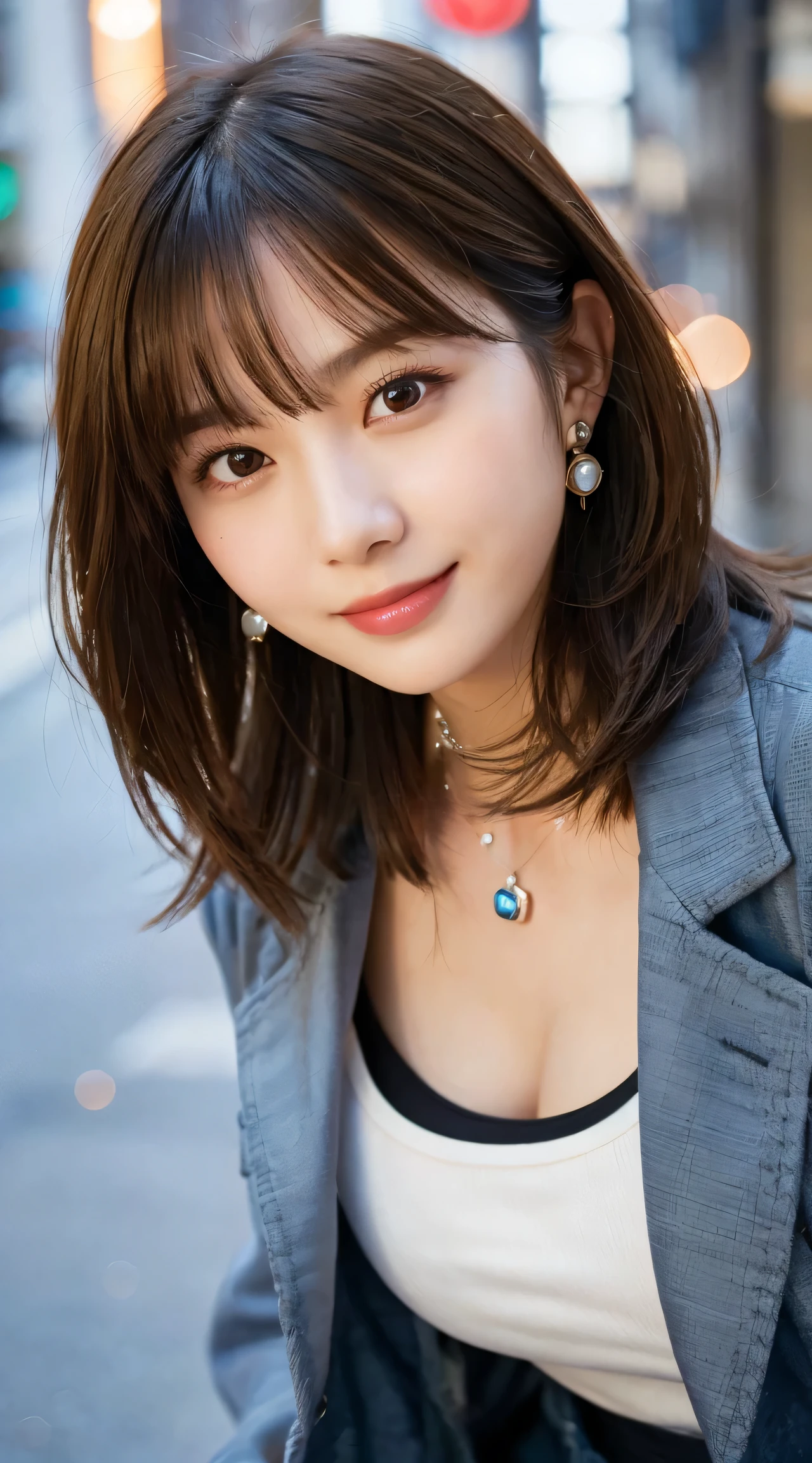 (highest quality, masterpiece:1.3, ultra high resolution), (Super detailed, caustics, 8k), (photorealistic:1.4, RAW shooting), 1 girl, (look at the camera with a smile), 20-year-old, cute, Japanese, gradient hair color, Wolf Bob Kat hairstyle, (bronde hair), Natural lips, (business suits, ripped jeans), (wearing ÉTOILE FILANTE earrings by chanel), (wearing coco crush necklace by chanel), perfect necklace, (perfect earrings), cleavage, (Street in Tokyo at night), bust up shot, face focus, Natural light, Backlight, (A bright light shines from above), (Lens flare), professional writing, perfect bodies, perfect arms, Perfect fingers, perfect legs, perfect hair, pores, Realistic skin texture, perfect teeth, (low position), (Low - Angle)