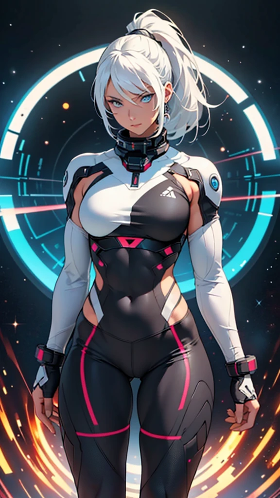 Beautiful girl in black detailed muscles realistic masterpieces full figure pose (best quality,ultra-detailed), white-haired girl, vibrant blue eyes, high ponytail, fair skin, fit body, slim figure, narrow waist, large buttocks, (confident expression), black with tights, space between thighs, confident