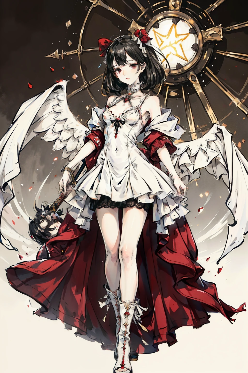 ((best quality)), ((masterpiece)), (detailed), blank white background, plain background, white background, red and white clothing, Bloodborne inspired, occult aesthetic, occult, detailed and intricate steampunk and detailed gothic, NSFW, Very dramatic and cinematic lighting, cosmic horror, grim-dark, side-lighting, perfect face, NSFW, Fluttering lace flared long knee length dress with frilly petticoats, knee length dress, pleated petticoats, ta dress, petticoats gothic lolicomplex lace boots, side-lighting, gothic lolita aetic, wielding a mighty sword, carbine, NSFW, beautiful small breasts, small breasts, full body, whole body, body, plain background, white background, blank background, no background, white background NSFW, full body, whole body, head-to-toe NSFW