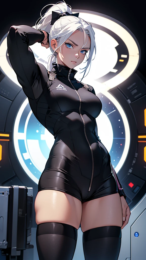 Beautiful girl in black uniform detailed muscles realistic masterpieces full figure pose (best quality,ultra-detailed), white-haired girl, vibrant blue eyes, high ponytail, fair skin, fit body, slim figure, narrow waist, large buttocks, (confident expression), black japanese with tights, space between thighs, confident, high school background