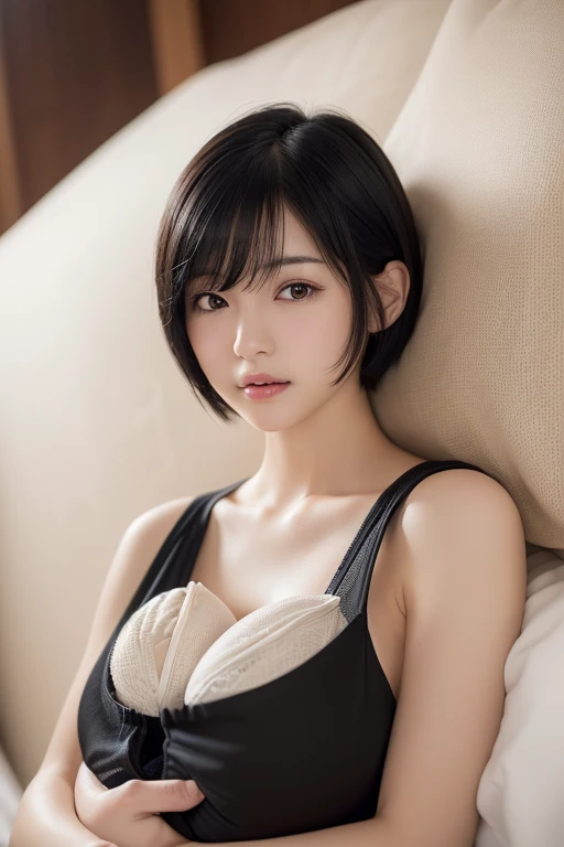 (High resolution:1.3), (16k, Photorealistic, Raw photo, Best image quality: 1.4), Japanese, (One Girl),  (Black-haired、short hair:1.3), Beautiful Hairstyles, (Realistic Skin), Beautiful skins, attractive, 超A high resolution, Surreal, High detail, Golden Ratio, Highly detailed cute girl,(20-year-old), Lying in bed, (Breastfeeding:1.5)