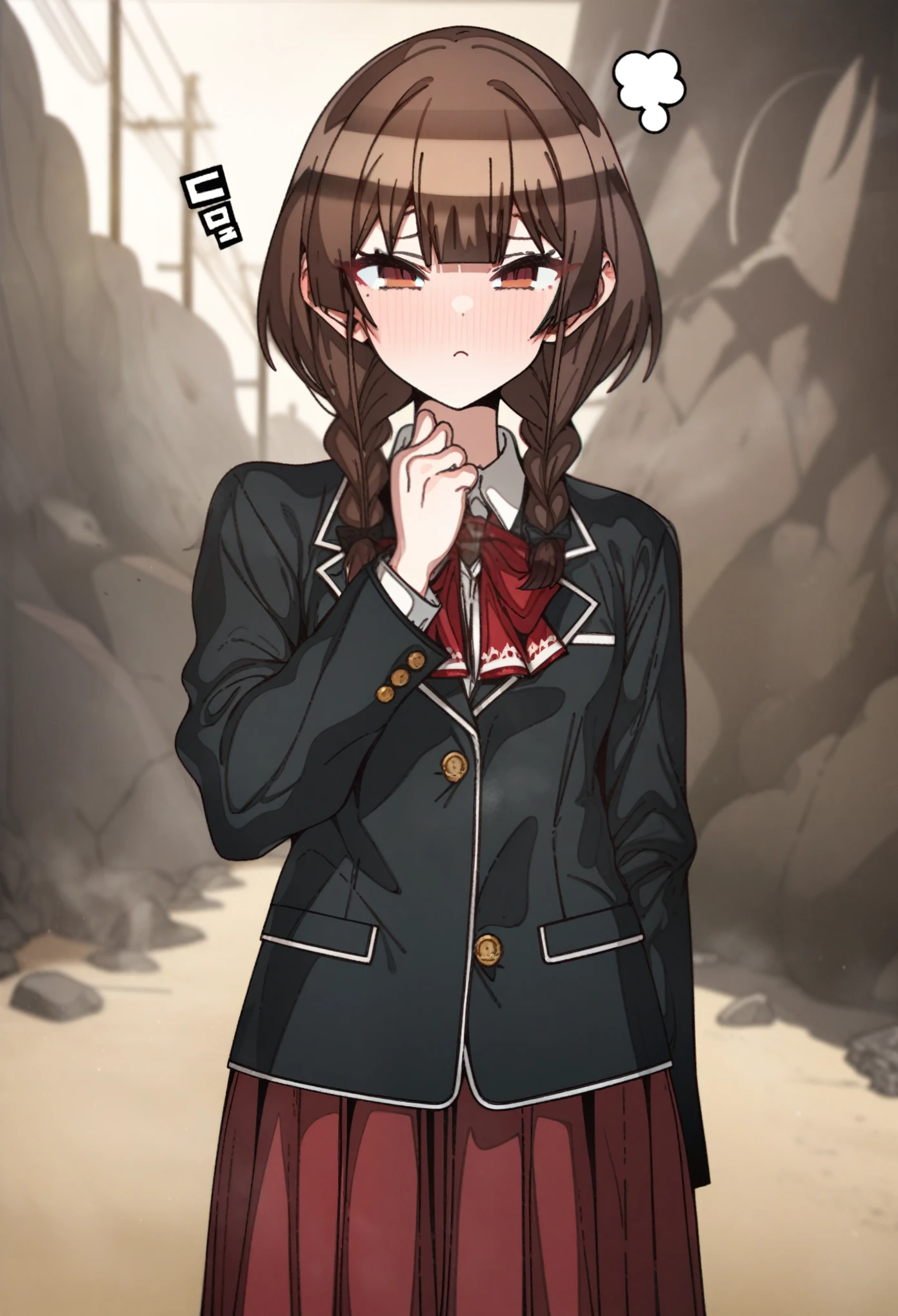 houshou_marine with brown eyes and brown hair, Artist, erere, Copyrights, idolmaster, idolmaster_shiny_colors, Character, General, 1girl, brown_hair, blunt_bangs, blush, medium_breasts, breasts, detailed eyelashes, beatiful girl:1, brown_eyes, censored, school_uniform, skirt, black pleated skirt:0.7, black blazer:0.5, white shirt, red tie, twin_braids, :|:0.5, (full_body) (standing in middle, beach, rocks), sky:0.7, half-closed_eyes, detailed, sand, outdoors, looking_at_viewer, masterpiece, best_quality, great_quality, girl, solo, center_composition, centered character, cute, rubbing_eyes, sleepy