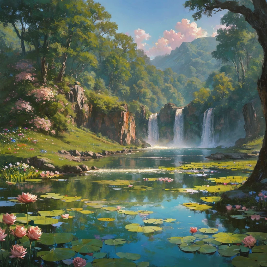 a large waterfall in the middle of a mountain, country, biolet sunrise, dark sky with pink clouds, fog in the forest, waterfall flows into a pond, pond with a garden, flowers and water lilies in a pond, rock bridge, epic landscape, art oil painting, water, lantern in the pond, ancient city blurred on mountain in the distance, fantasy, trend in artstation, trend in CGSociety, intricate, high detail, dramatic, art mid-journey, tall aguafall, painting of a river with rocks and trees in the foreground, near a river, landscape, jungle, aguafall, crystal clear water, colorful, river with rocks, rock bridge, epic, Fantasy, ((roses and flowers on the banks of the pond)), ((Painting) oil)), ((rock bridge))