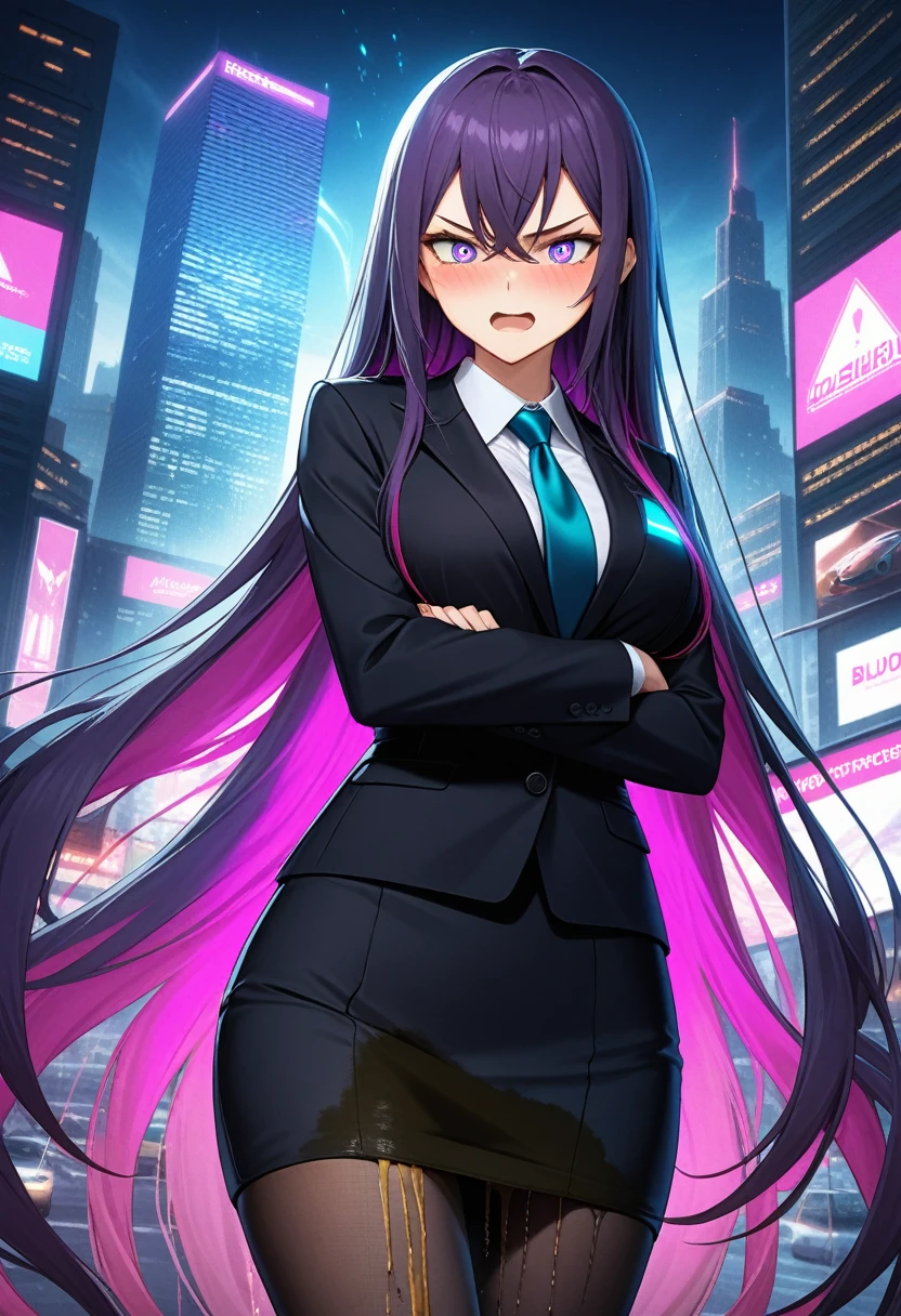 (high quality,Very detailed:1.37, High resolution), Woman, (very long hair:1.5), dark purple hair, purple eeyes, large breasts, (wetting herself:1.5), standing, business suit, necktie, (very long pencil skirt:1.5), pantyhose, (arms crossed:1.5), (embarrassed:1.5), (humiliation:1.5), (angry:1.25), (blushing:1.5), open mouth, Cyberpunk Style, Cyberpunk Cityscape, Neon Light, High-tech accessories, Meticulous details, (extremely detailed eys:1.37), Glowing LED pattern, Urban scenery, Futuristic elements, Mysterious Aura, ,Flying cars racing through the air, Holographic Advertising, Visually stunning architecture, Energetic and dynamic poses, Gives off a powerful aura, The cityscape reflected in her metallic eyes, Graceful movement amidst chaos, A moonlit sky with a futuristic hue, Pulsating Electronic Soundtrack, Enhanced Augmented Reality Overlays, Interacting with virtual objects in the environment