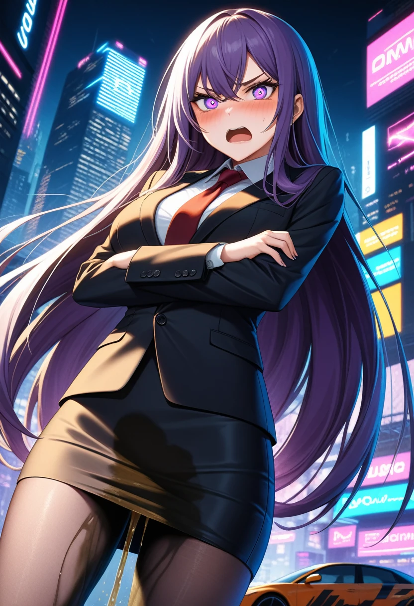 (high quality,Very detailed:1.37, High resolution), Woman, (very long hair:1.5), dark purple hair, purple eeyes, large breasts, (wetting herself:1.5), standing, business suit, necktie, (very long pencil skirt:1.5), pantyhose, (arms crossed:1.5), (embarrassed:1.5), (humiliation:1.5), (angry:1.25), (blushing:1.5), open mouth, Cyberpunk Style, Cyberpunk Cityscape, Neon Light, High-tech accessories, Meticulous details, (extremely detailed eys:1.37), Glowing LED pattern, Urban scenery, Futuristic elements, Mysterious Aura, ,Flying cars racing through the air, Holographic Advertising, Visually stunning architecture, Energetic and dynamic poses, Gives off a powerful aura, The cityscape reflected in her metallic eyes, Graceful movement amidst chaos, A moonlit sky with a futuristic hue, Pulsating Electronic Soundtrack, Enhanced Augmented Reality Overlays, Interacting with virtual objects in the environment