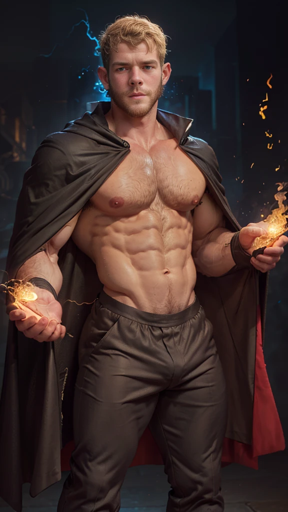 ((Masterpiece)), ((denoise)), ((void noise)), one man, best quality, 8k resolution, male focus, focus only, amazing composition, volumetric lighting, super quality, elegant, Very detailed, (front view), -----------, 35 years old, mature face, muscular, thin body, handsome, (detailed light-gray eyes, detailed eyes), (((light blonde hair, medium lenght hair))), ((big ears)), (((furry pectorals, thick plenty chest hair))), ((pale skin)), (((Medium length beard))), (((((Russell tovey))))),-----------, (((wizard trousers and cape costume attire))), (((flames surounding him))), (((magical lines all around)))