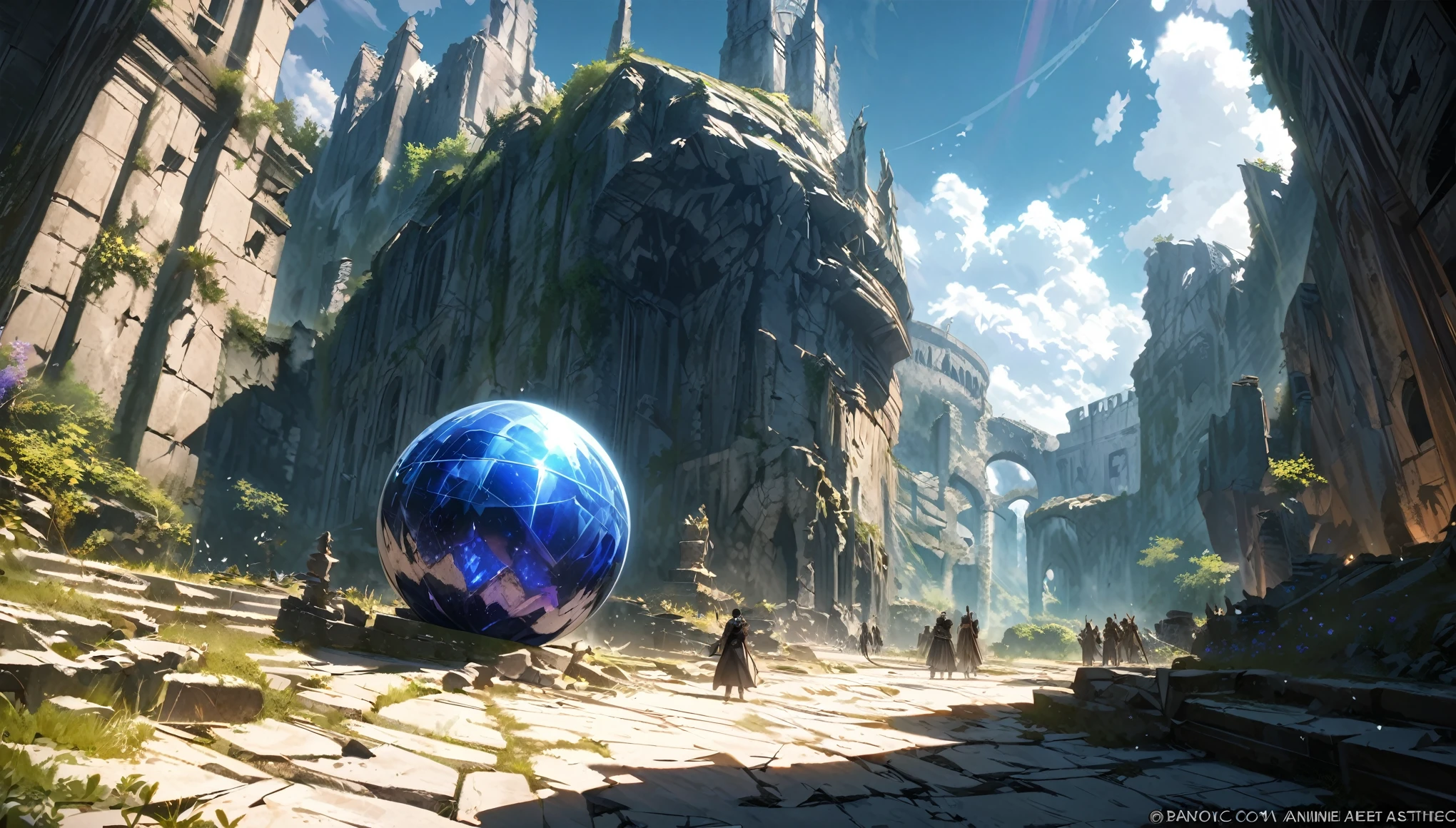  anime aestetics, encient ruins, ancietnt ritual, violet magic, crystalic magic, huge magic sphere, white stone, bright sun, broken walls, dark souls 3, bright day, calm atmosphere, intimidating, a little clouds, beautiful ruins, perfect angle, wide shot, perspective, atmospheric perspective, 4K, highres, best quality, award winning, super detail, masterpiece, accurate 