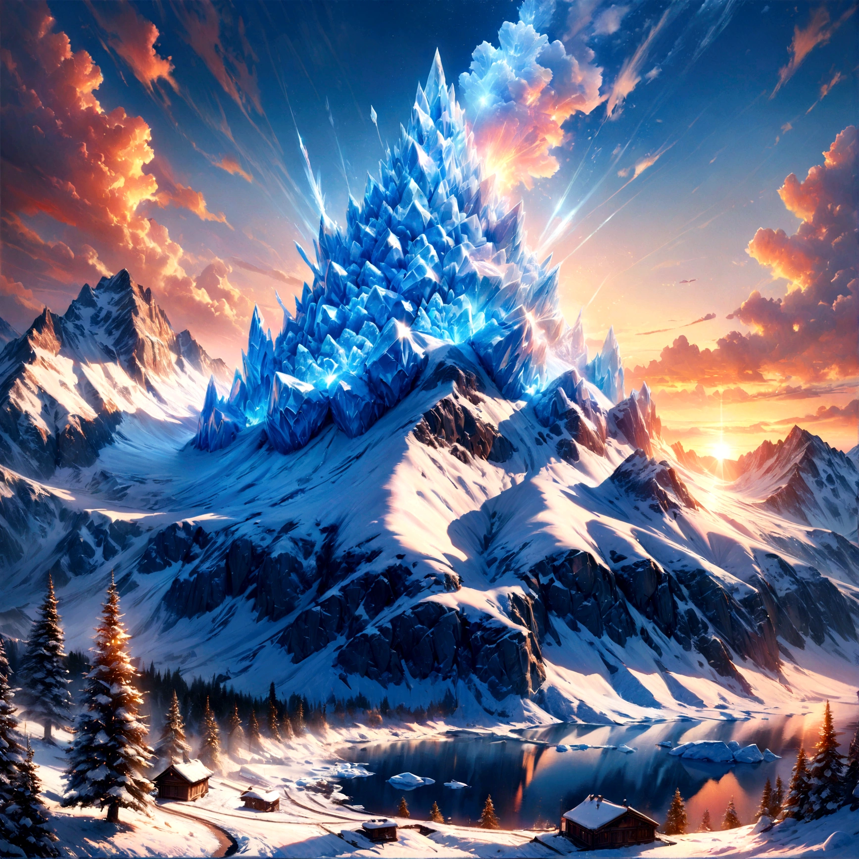 a panoramic award winning photography, Photorealistic, extremely detailed of a ((castle: 1.5)) made from (ice: 1.3), standing on the peak of a snowy mountain, an impressive best detailed castle made from ice (Photorealistic, extremely detailed), with towers, bridges, a moat filled with lava (Photorealistic, extremely detailed),  standing on top of a snowy mountain (masterpiece, extremely detailed, best quality), with pine trees, sunset light, some clouds in the air,  alpine mountain range background, best realistic, best details, best quality, 16k, [ultra detailed], masterpiece, best quality, (extremely detailed), ultra wide shot, photorealism, depth of field, faize, raging nebula