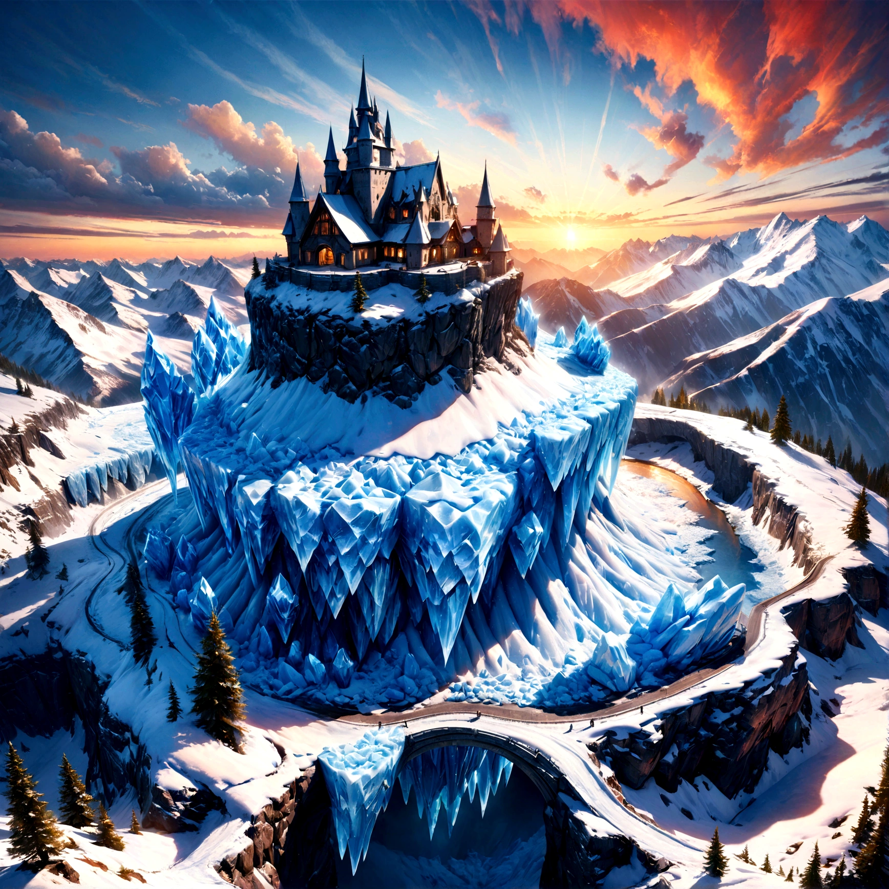 a panoramic award winning photography, Photorealistic, extremely detailed of a ((castle: 1.5)) made from (ice: 1.3), standing on the peak of a snowy mountain, an impressive best detailed castle made from ice (Photorealistic, extremely detailed), with towers, bridges, a moat filled with lava (Photorealistic, extremely detailed),  standing on top of a snowy mountain (masterpiece, extremely detailed, best quality), with pine trees, sunset light, some clouds in the air,  alpine mountain range background, best realistic, best details, best quality, 16k, [ultra detailed], masterpiece, best quality, (extremely detailed), ultra wide shot, photorealism, depth of field, faize, raging nebula